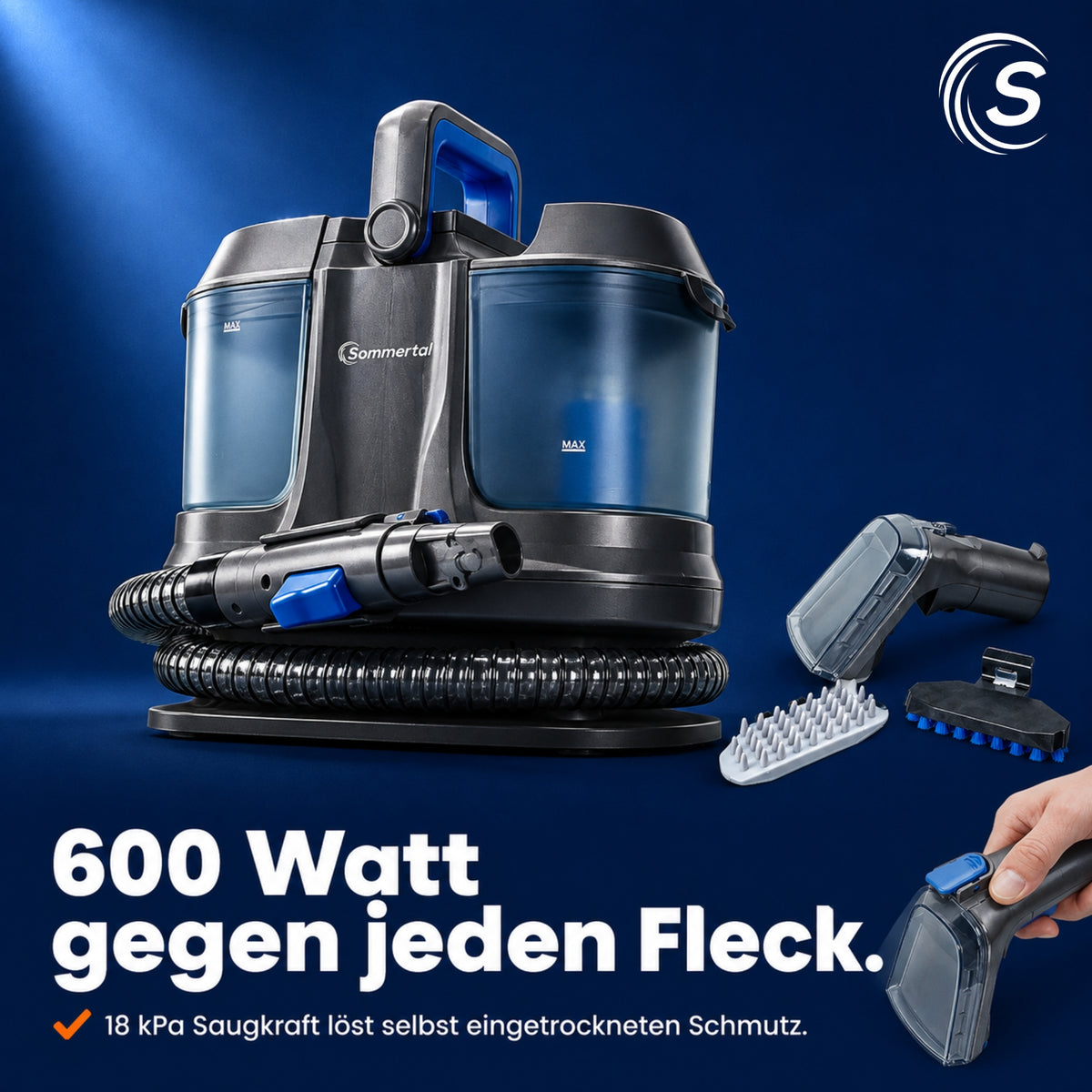 Sommertal WS600 + 1L Polsterreiniger – Leistungsstarker 600 Watt Waschsauger mit 18 kPa Saugkraft