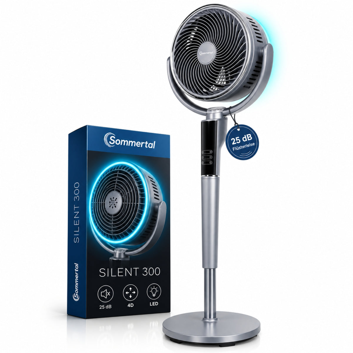 Sommertal SILENT300 Standventilator sehr leise, 25 dB, LED Ring