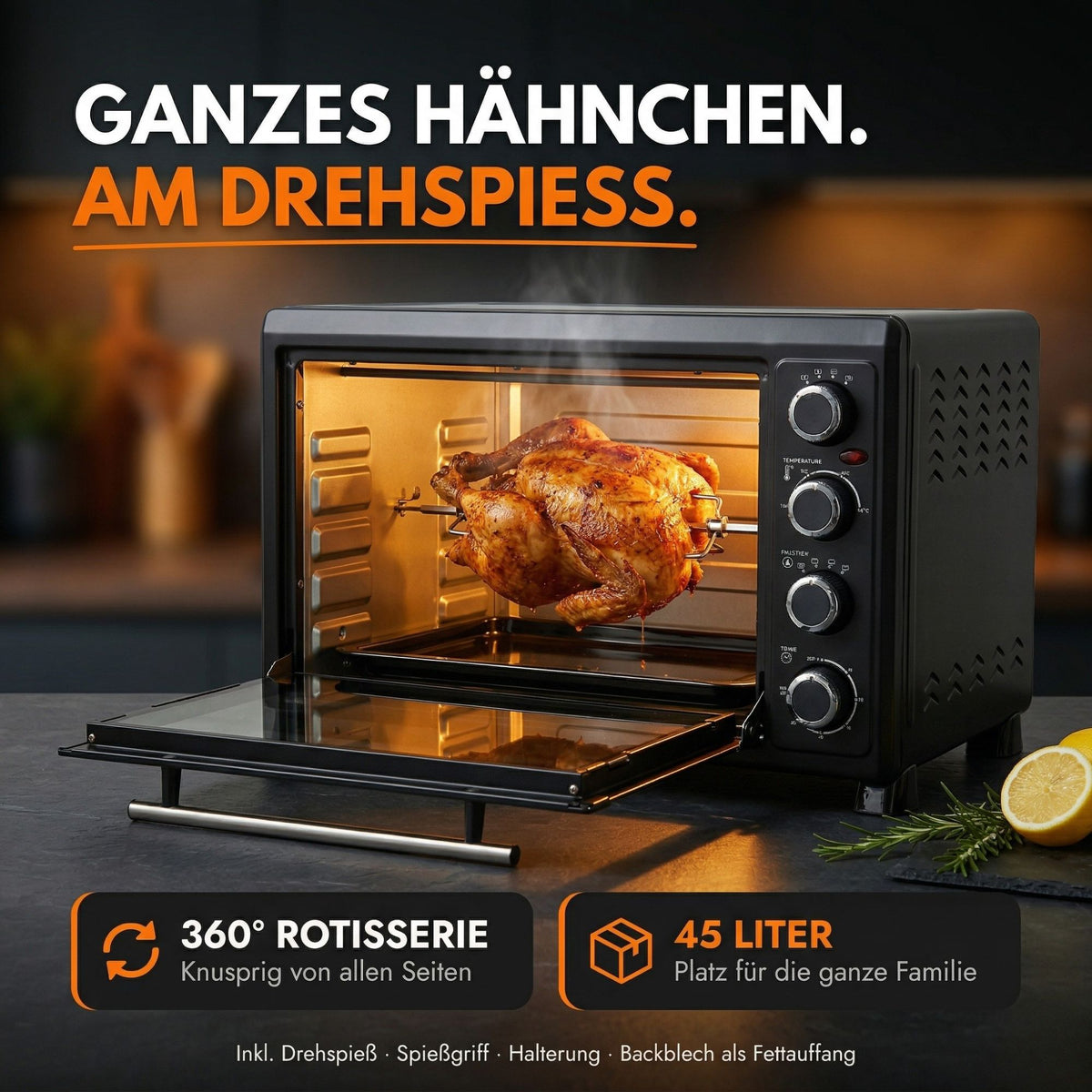Minibackofen 45L mit Drehspieß & Umluft + 1L Backofenreiniger, 2000W, Hähnchengrill, Backen, Grillen & Pizza, Mini Backofen 45 Liter, 60 Min Timer, inkl. Zubehör