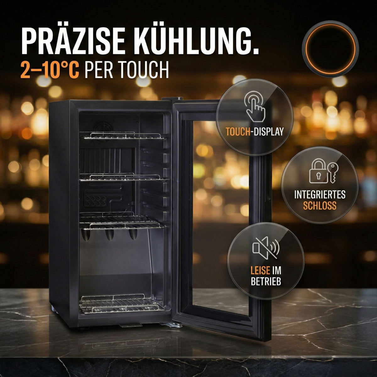 Kühlschrank GK 50– Leiser Getränkekühlschrank Gefrierfach mit LED, Touchscreen schwarz 50L