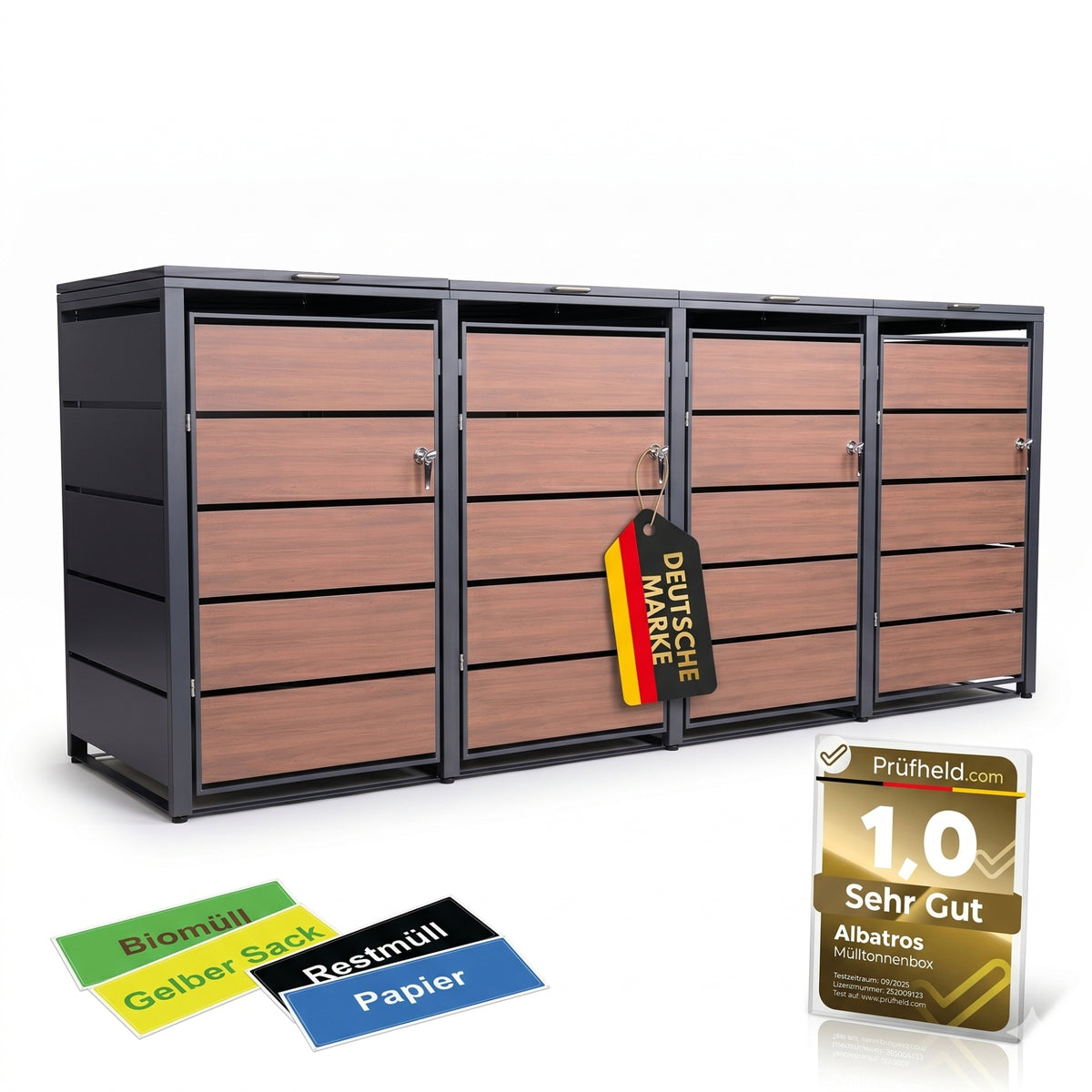 Mülltonnenbox 4er Holzdekor, 120L bis 240L, für Vier Tonnen, Mülltonnenverkleidung aus verzinktem Metall mit Holzdekor-Front, Anthrazit Grau RAL7016, abschließbar, wetterfest, geprüft nach ISO9227, mit Aufkleber Set