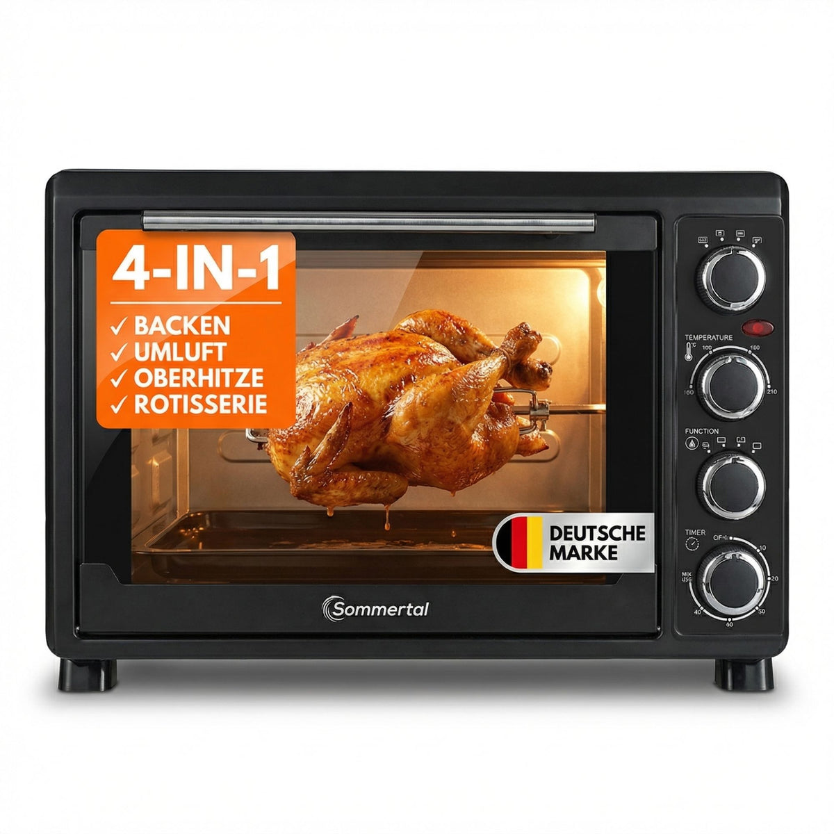 Minibackofen 30 Liter mit Drehspieß & Umluft + 1L Backofenreiniger, 1500W, 100–230°C, 60 Min. Timer, Hähnchengrill Mini Backofen, Kleiner Backofen zum Backen, Grillen & Pizza, Campingbackofen inkl. Zubehör