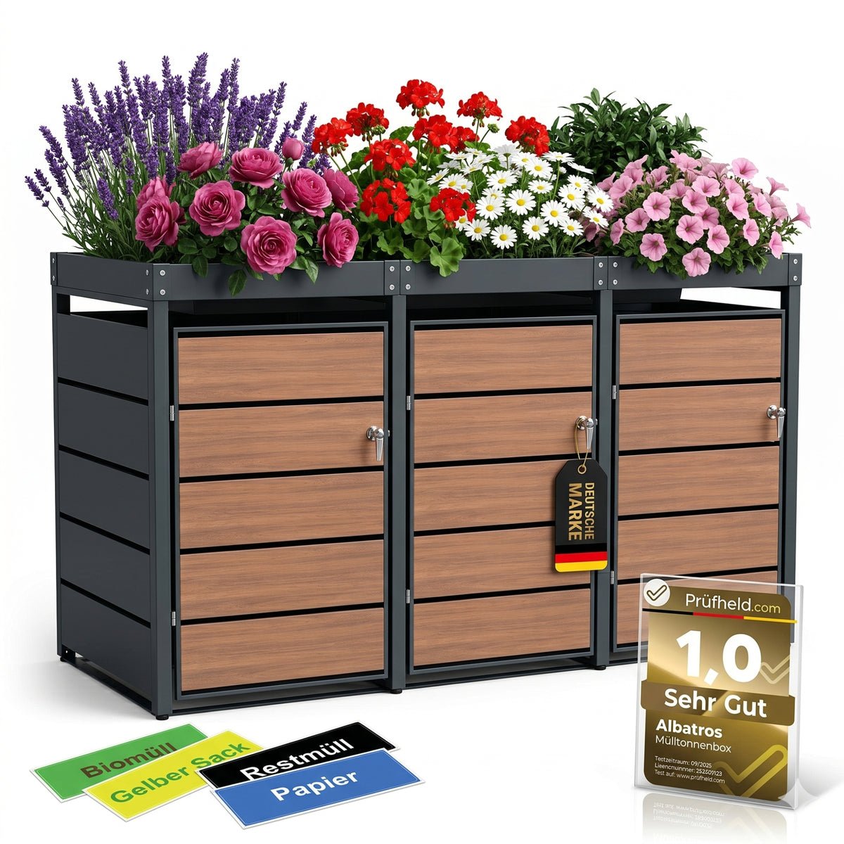 Mülltonnenbox 3er Holzdekor mit Pflanzkasten, 120L bis 240L, für Drei Tonnen, Metall, Anthrazit RAL7016, abschließbar, wetterfest, ISO9227, mit Aufkleber Set