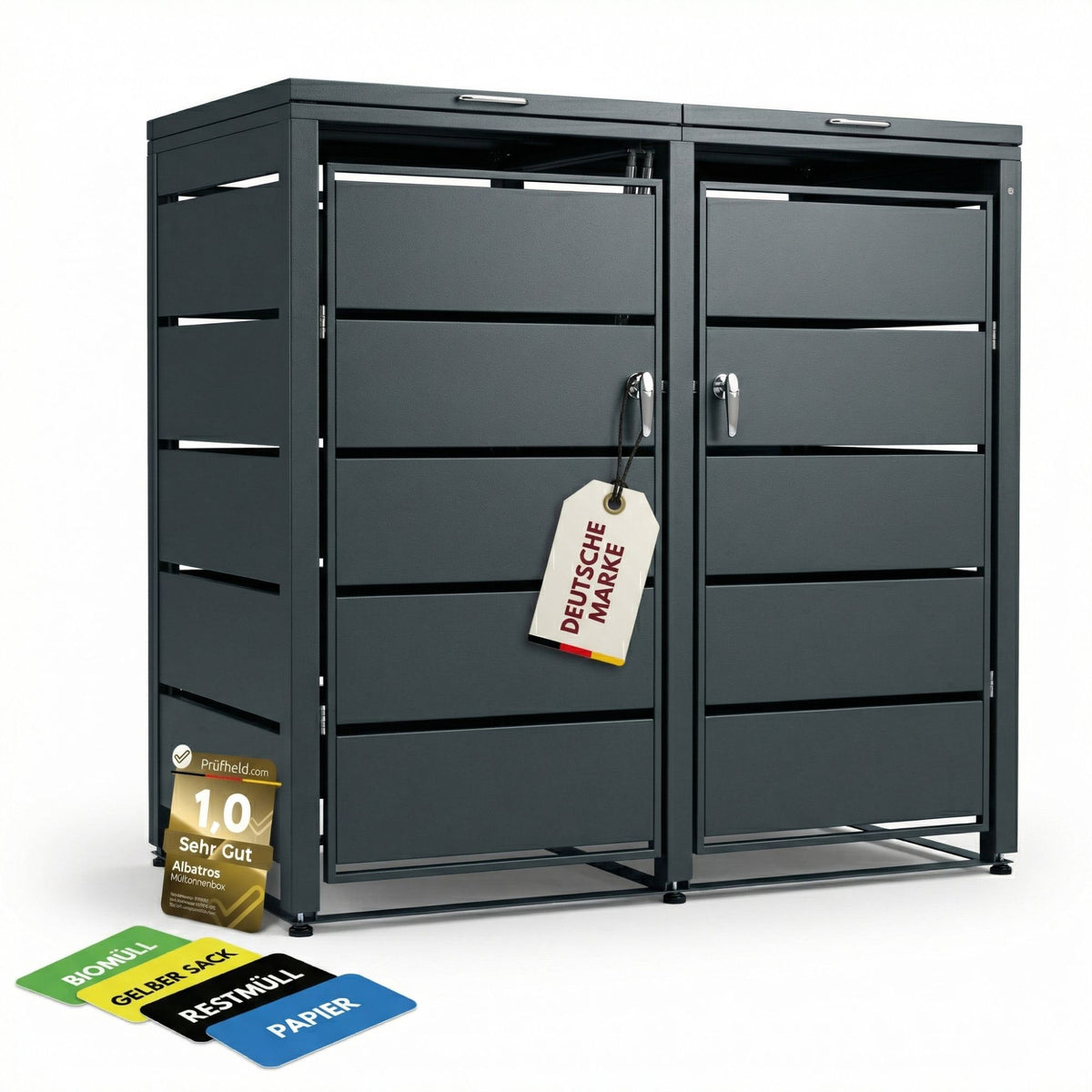 Mülltonnenbox 2er Tonne | bis 240 Liter | Anthrazitgrau RAL 7016 | verzinkter Stahl | Premium Dämpfer| Aufkleber-Set | wetterfest|