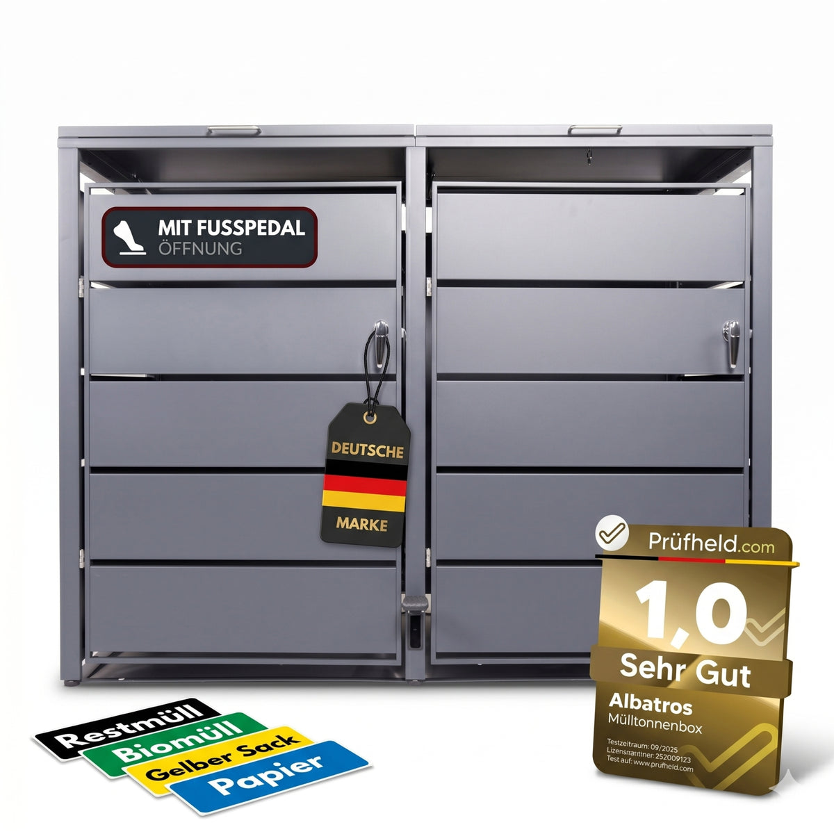 Mülltonnenbox 2er mit Pedal, 120L bis 240L, für Zwei Tonnen, Metallverkleidung aus verzinktem Stahl, Anthrazit Grau RAL7016, abschließbar, wetterfest, ISO9227, mit Aufkleber Set
