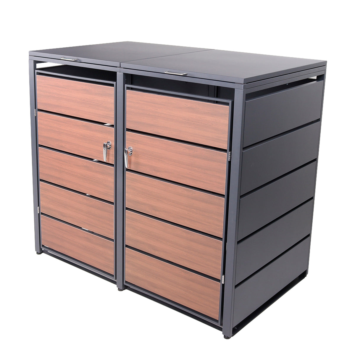 Mülltonnenbox 2er Holzdekor, 120L bis 240L, für Zwei Tonnen, Mülltonnenverkleidung aus verzinktem Metall mit Holzoptik, abschließbar, wetterfest, geprüft nach ISO9227, mit Aufkleber Set