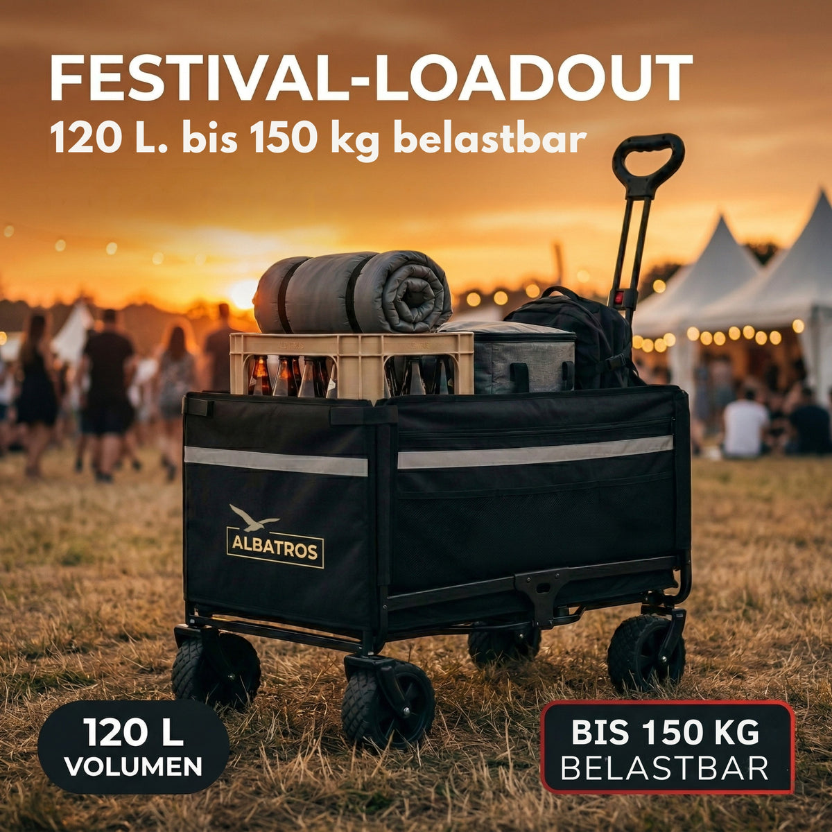 Albatros Bollerwagen klappbar 120L mit Flaschenöffner & Getränkehalter