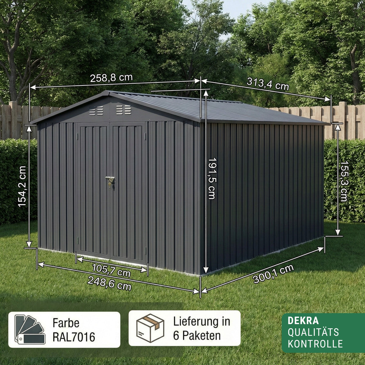 Albatros Profi Gerätehaus XXL – verzinktes Metall in Anthrazit (RAL 7016) | 259x313x192cm
