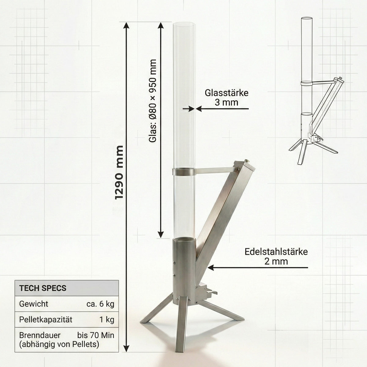 Albatros hochwertige Pelletfackel aus Edelstahl | Raketenofen für den Garten | mit Glas Feuerrohr | Terrassenheizung Terrassenofen | Outdoor Feuerstelle ohne Strom | bis 70 Min Brenndauer