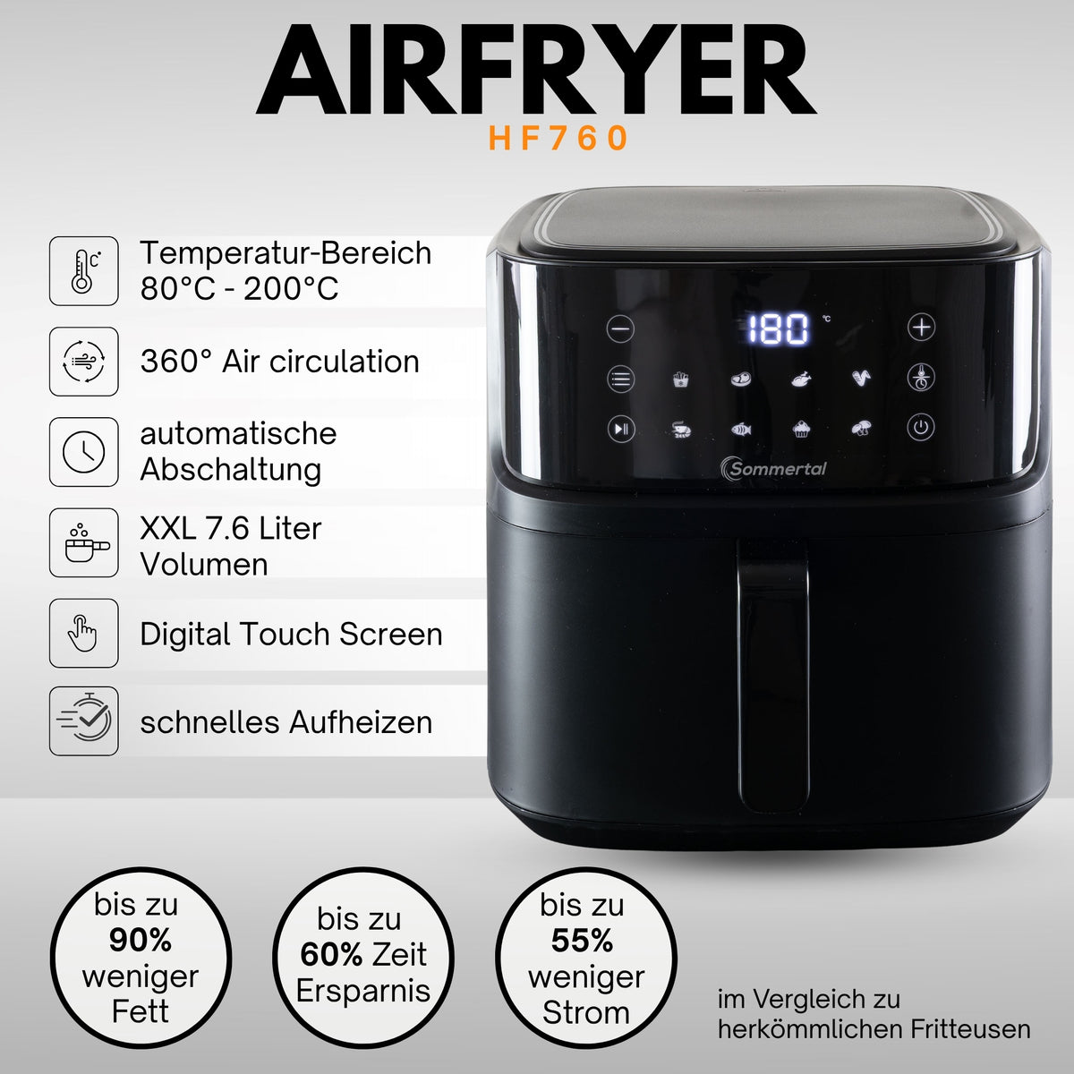 Sommertal Heißluftfritteuse HF760 - 7,6L XXL Airfryer - Touchscreen, 8 Programme, 2000 Watt, TÜV Rheinland GS geprüft