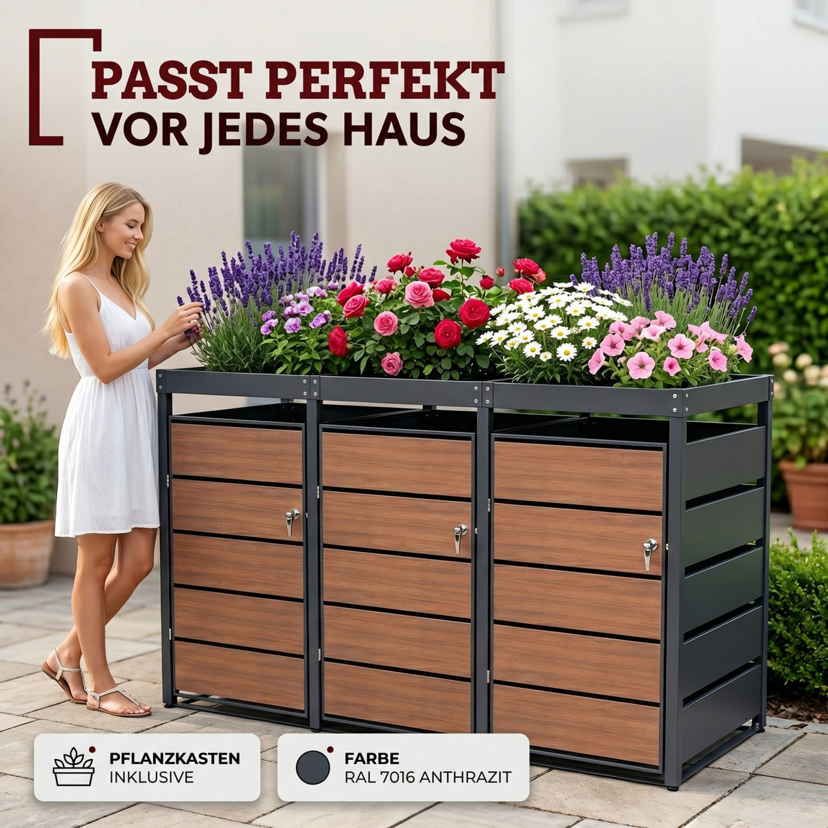 Mülltonnenbox 3er Holzdekor mit Pflanzkasten, 120L bis 240L, für Drei Tonnen, Metall, Anthrazit RAL7016, abschließbar, wetterfest, ISO9227, mit Aufkleber Set