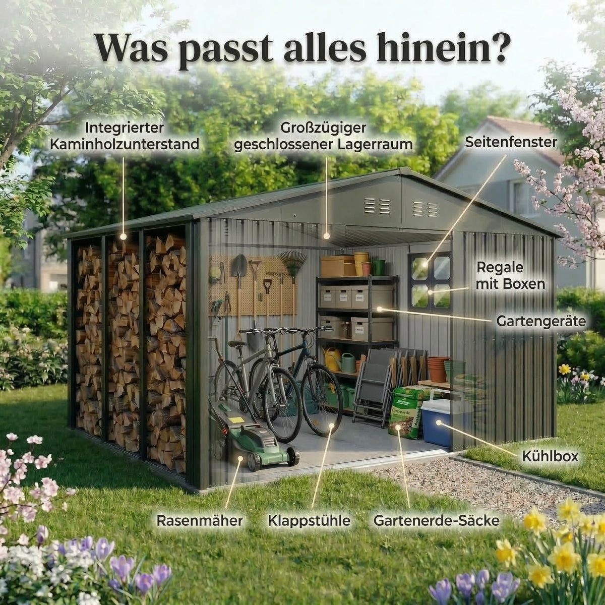 Albatros Gerätehaus 4XL | Anthrazit RAL 7016 | 386,6x325,5x204cm | abschließbar inkl. Schloss & Werkzeughaken | Gartenhaus aus verzinktem wetterfestem Metall