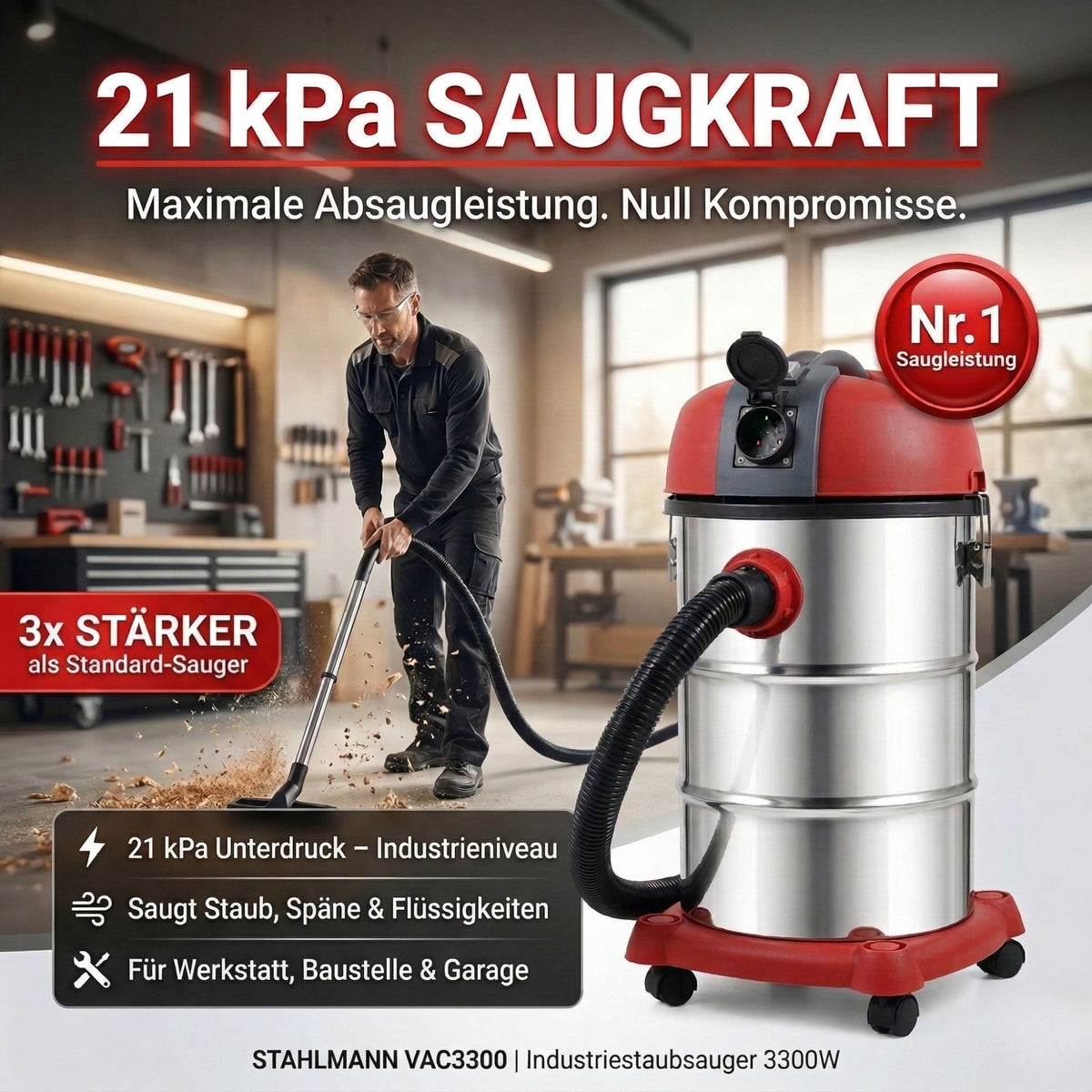 STAHLMANN VAC3300 Industriestaubsauger; 30L Tank, integrierte Steckdose