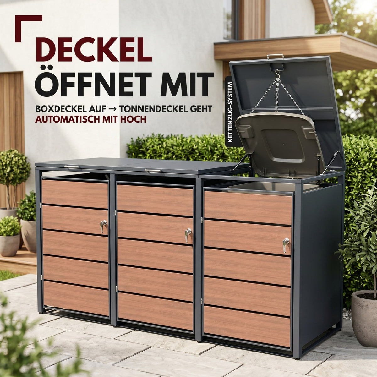 Mülltonnenbox 3er Holzdekor, 120L bis 240L, für Drei Tonnen, Mülltonnenverkleidung aus verzinktem Metall mit Holzdekor-Front, Anthrazit Grau RAL7016, abschließbar, wetterfest, geprüft nach ISO9227, mit Aufkleber Set