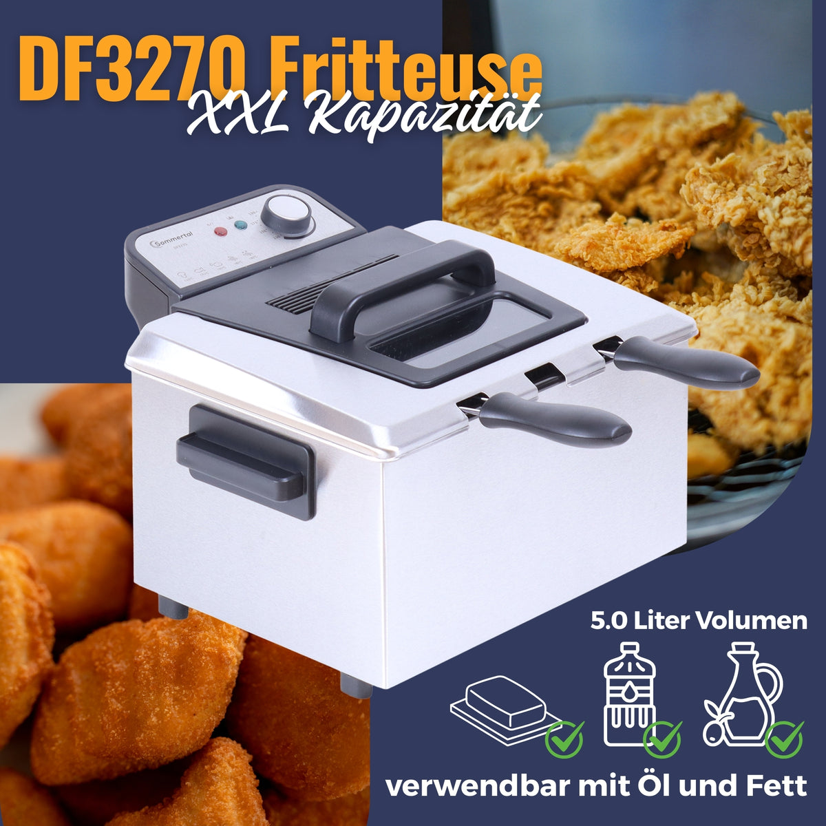 Sommertal XXL Doppel-Fritteuse mit Öl oder Fett – 3 Körbe, 5 Liter, 3000 Watt, Kaltzone, DF3270