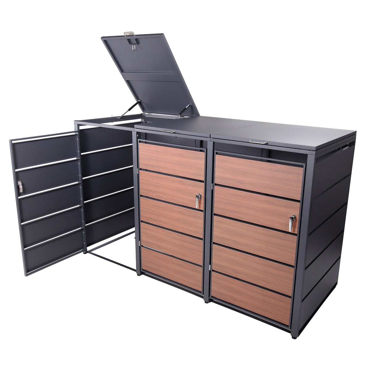 Mülltonnenbox 3er Holzdekor, 120L bis 240L, für Drei Tonnen, Mülltonnenverkleidung aus verzinktem Metall mit Holzdekor-Front, Anthrazit Grau RAL7016, abschließbar, wetterfest, geprüft nach ISO9227, mit Aufkleber Set