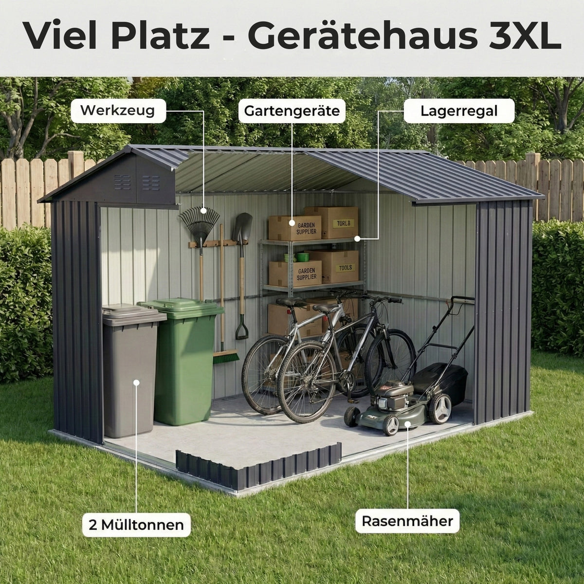 Albatros Profi Gerätehaus XXXL – verzinktes Metall in Anthrazit (RAL 7016) | 371x304x201cm