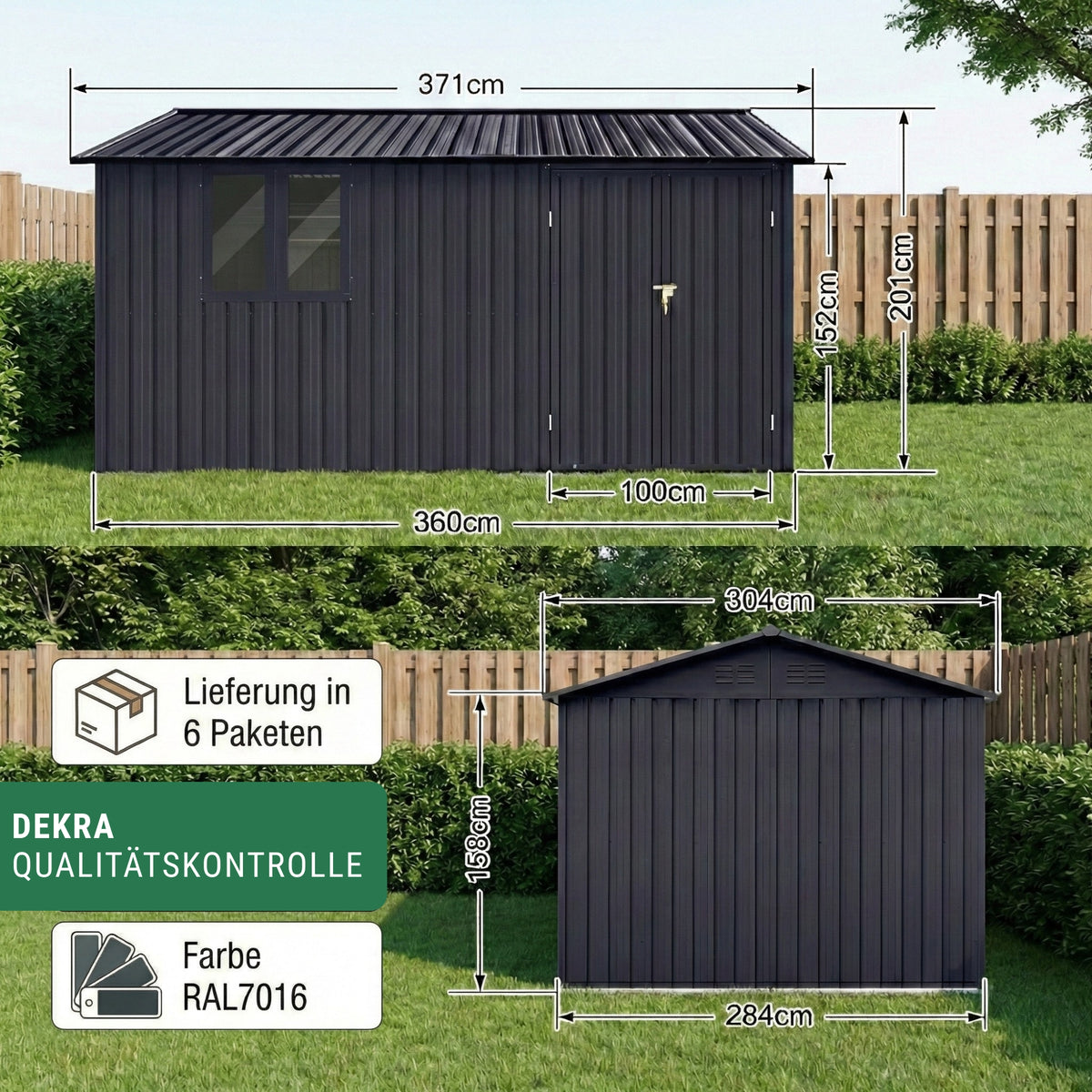 Albatros Profi Gerätehaus XXXL – verzinktes Metall in Anthrazit (RAL 7016) | 371x304x201cm