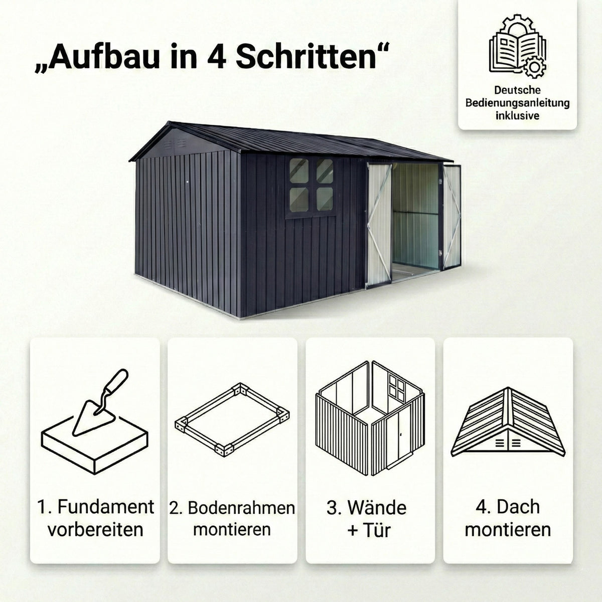 Albatros Profi Gerätehaus XXXL – verzinktes Metall in Anthrazit (RAL 7016) | 371x304x201cm