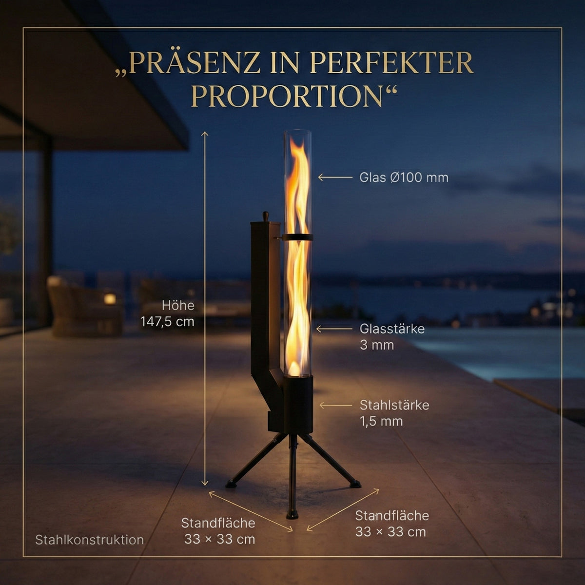 Albatros hochwertige Pelletfackel Schwarz | Raketenofen für den Garten | mit Glas Feuerrohr | Terrassenheizung Terrassenofen | Outdoor Feuerstelle ohne Strom | bis 2h Brenndauer
