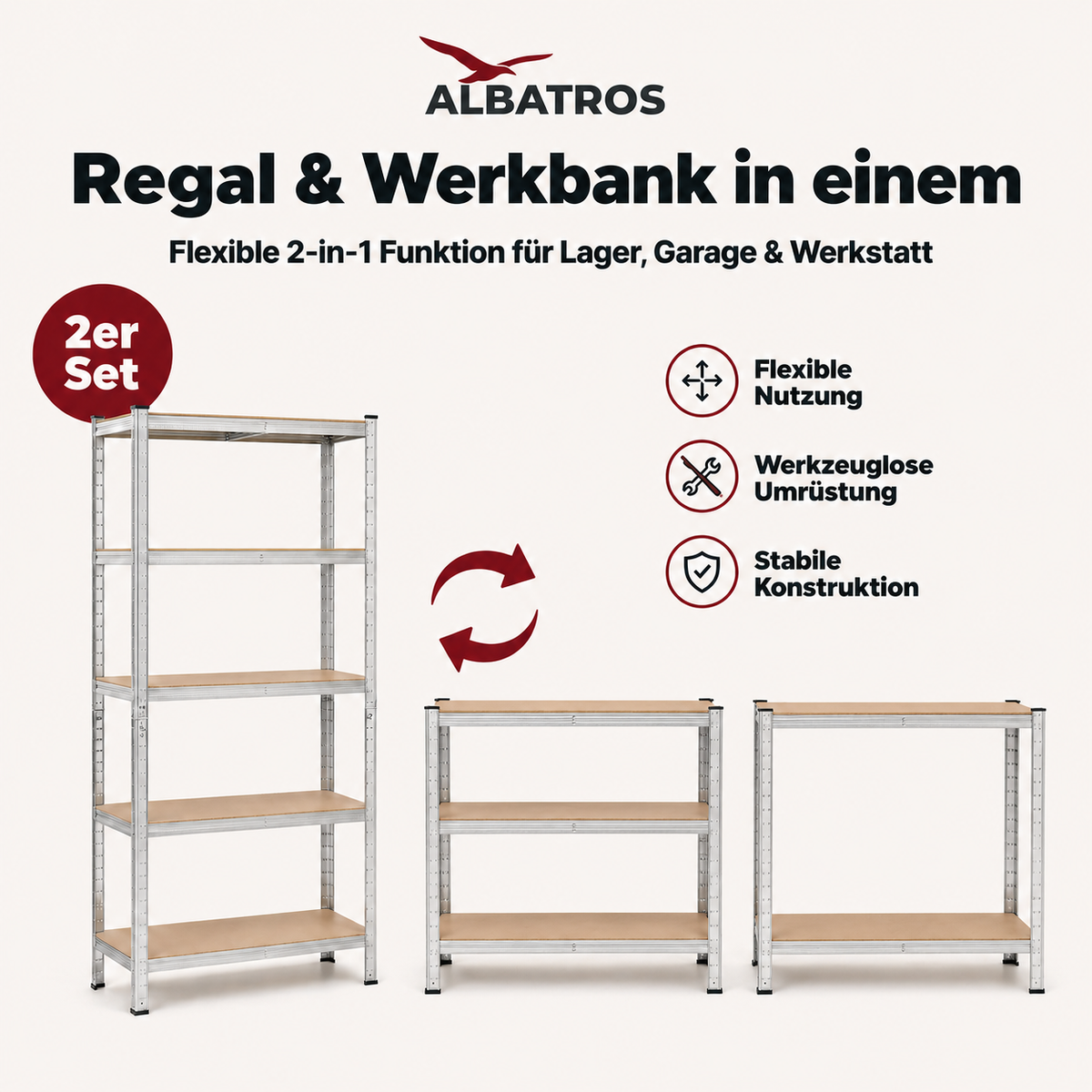SR2S Schwerlastregal 875 kg – Metallregal 180x90x40 cm, 5 verstellbare Ablagen, Steckregal teilbar, Lagerregal für Garage, Keller, Werkstatt, Vorratsraum, inkl. 2 Haken