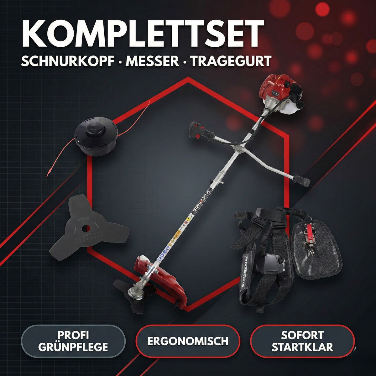 Stahlmann Freischneider Benzin MS520 – Motorsense Benzin mit kraftvollem 3PS Motor, 42cm Schnittbreite