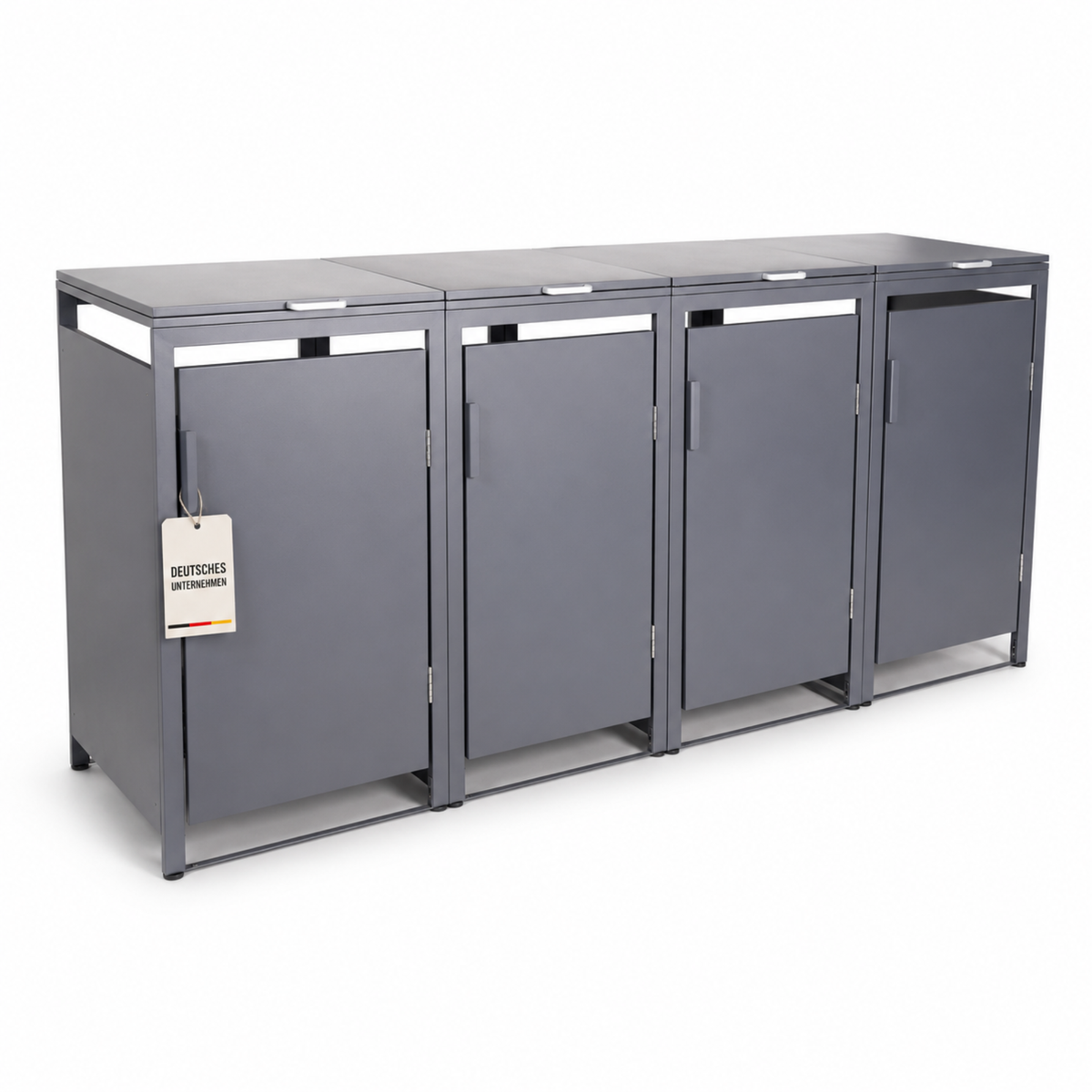 Mülltonnenbox 4er Hauswandversion, 120L bis 240L, für Vier Tonnen, verzinktes Metall RAL7016 Anthrazit, offene Rückseite, bessere Belüftung, wetterfest, ISO9227, verstellbare Füße