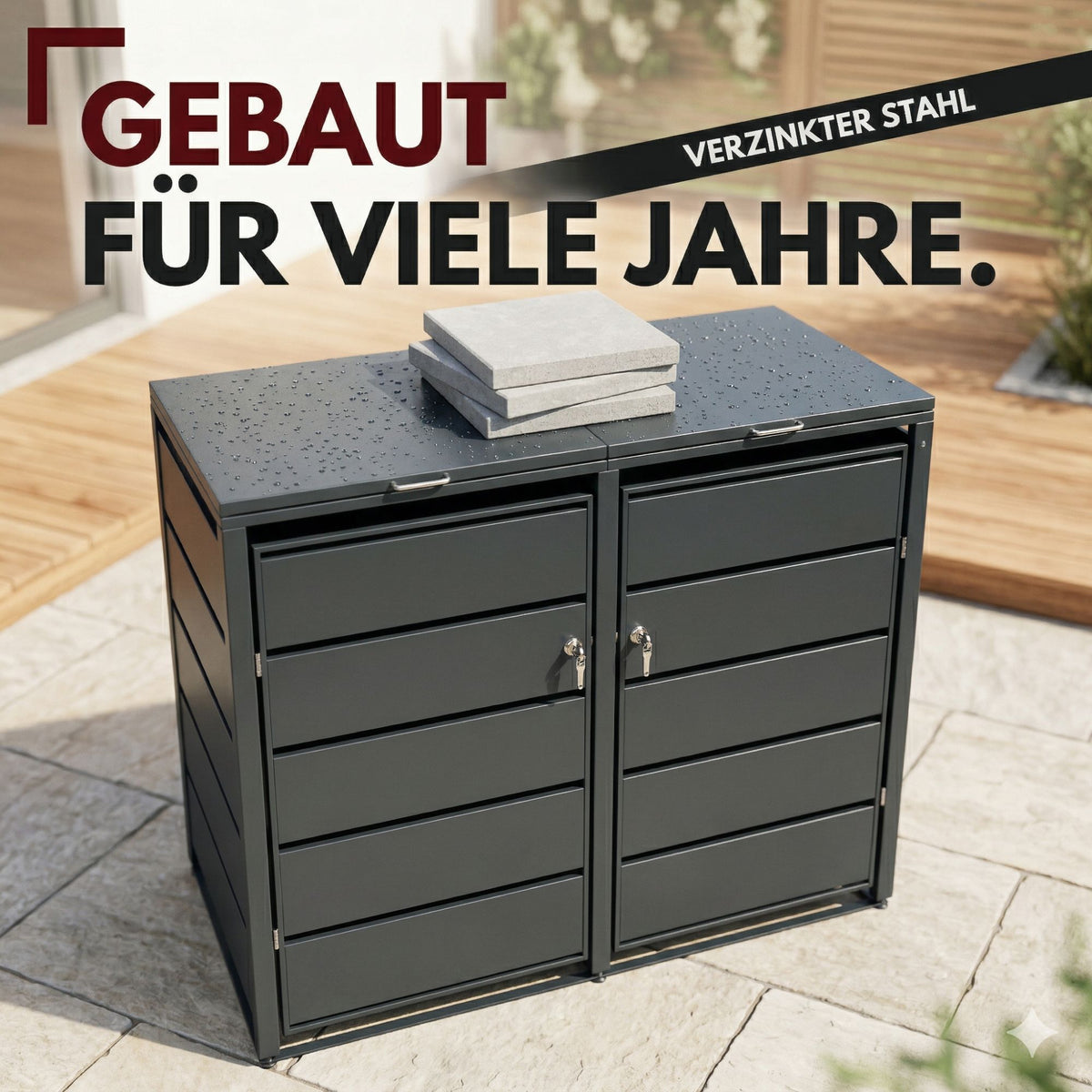 Mülltonnenbox 2er Tonne | bis 240 Liter | Anthrazitgrau RAL 7016 | verzinkter Stahl | Premium Dämpfer| Aufkleber-Set | wetterfest|
