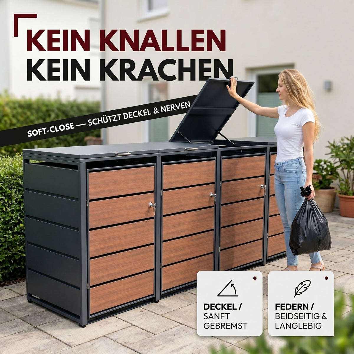 Mülltonnenbox 4er Holzdekor, 120L bis 240L, für Vier Tonnen, Mülltonnenverkleidung aus verzinktem Metall mit Holzdekor-Front, Anthrazit Grau RAL7016, abschließbar, wetterfest, geprüft nach ISO9227, mit Aufkleber Set