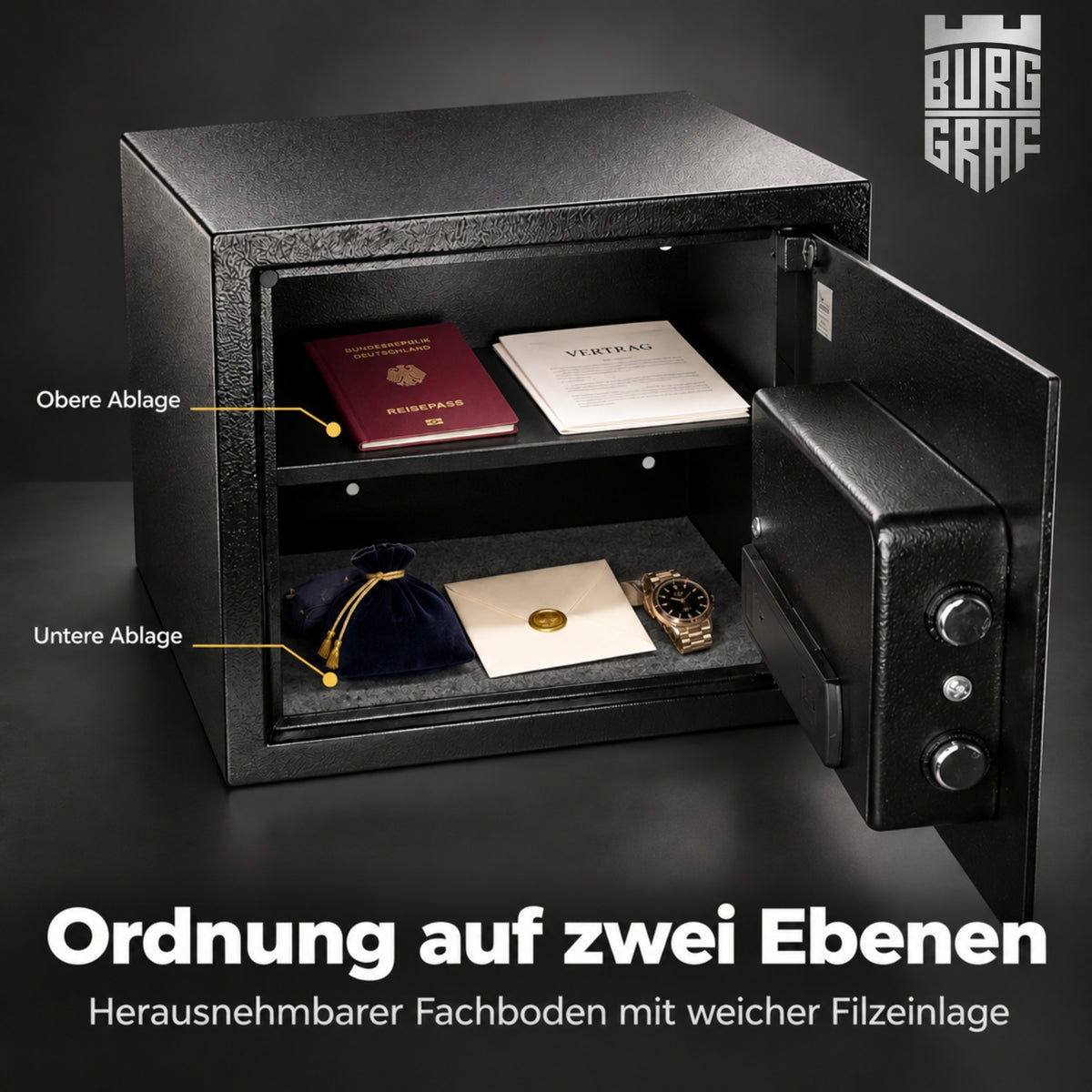 Burggraf Gr. XL Tresor für zuhause, Buch-Safe, Hammerschlag, Möbeltresor 30x38x30cm