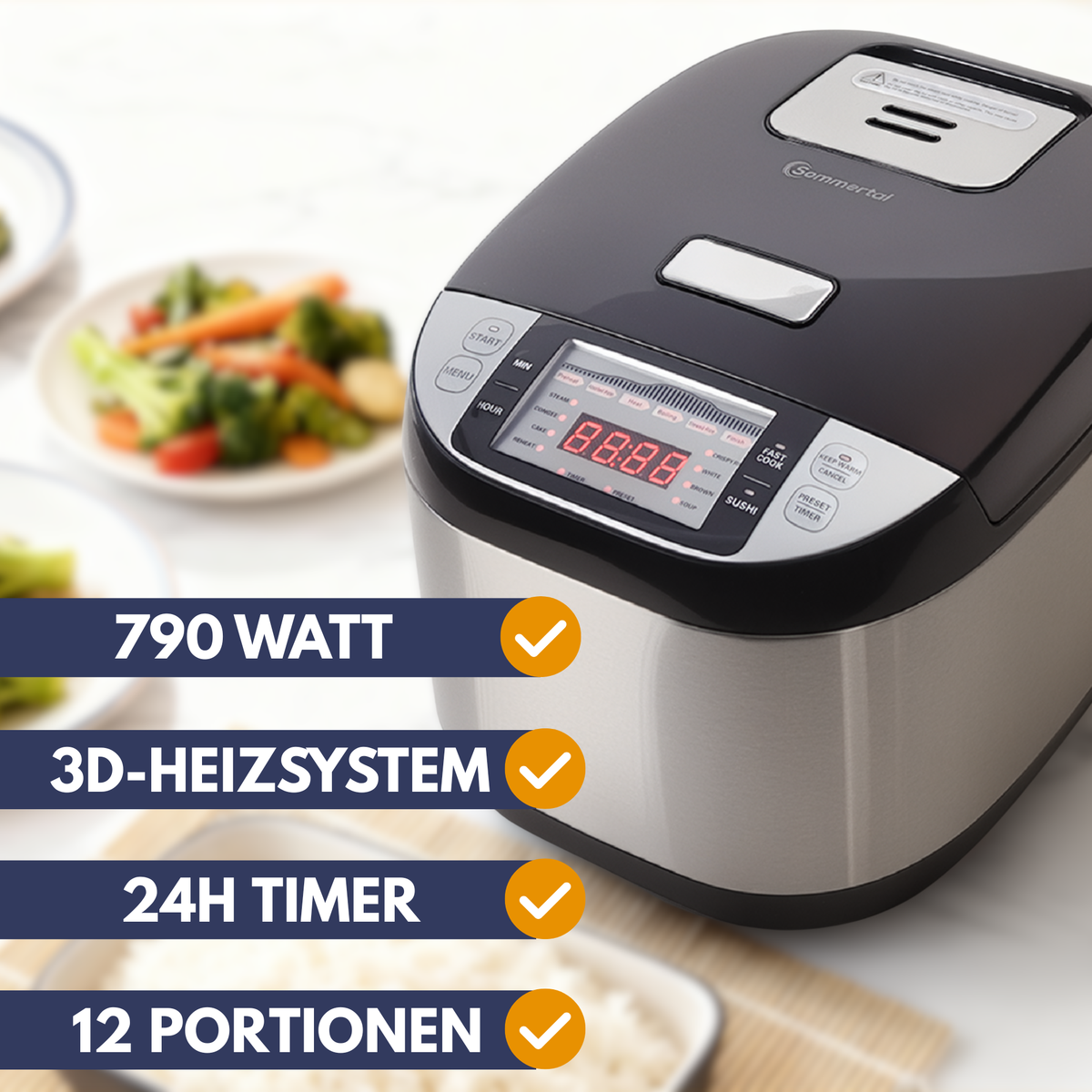 Reiskocher RK50 5 Liter – Elektrischer Reiskocher mit 3D Heizsystem, Warmhaltefunktion & Timer – Reiskocher mit Touch Bedienung – Premium Reiskocher – 790W