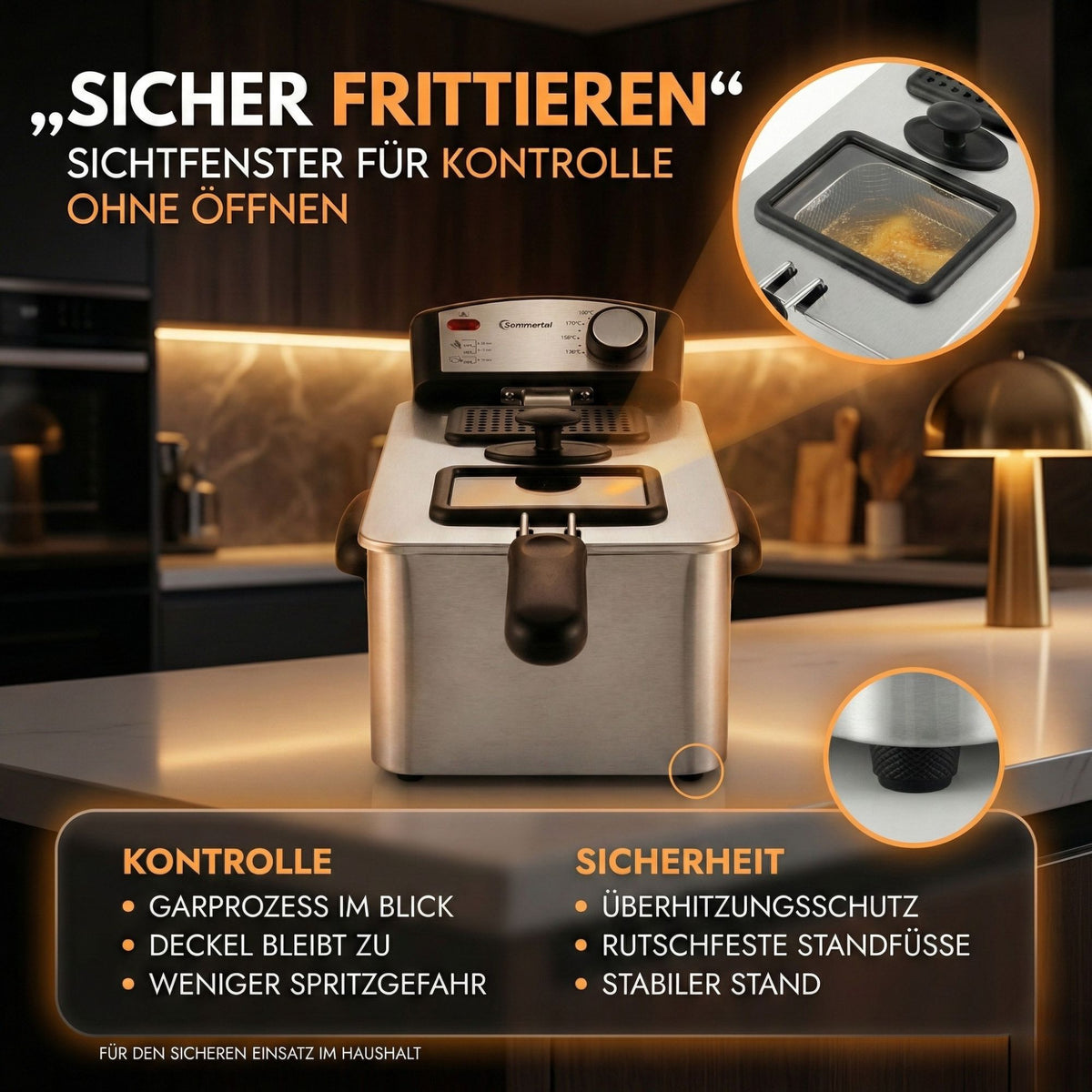 Fritteuse 3L 2000W Edelstahl mit Sichtfenster, Einzelfritteuse