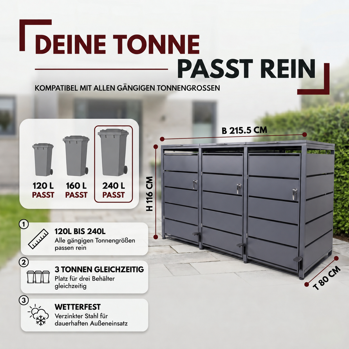 Mülltonnenbox 3er mit Pedal, 120L bis 240L, für Drei Tonnen, Metallverkleidung aus verzinktem Stahl, Anthrazit Grau RAL7016, abschließbar, wetterfest, ISO9227, mit Aufkleber Set