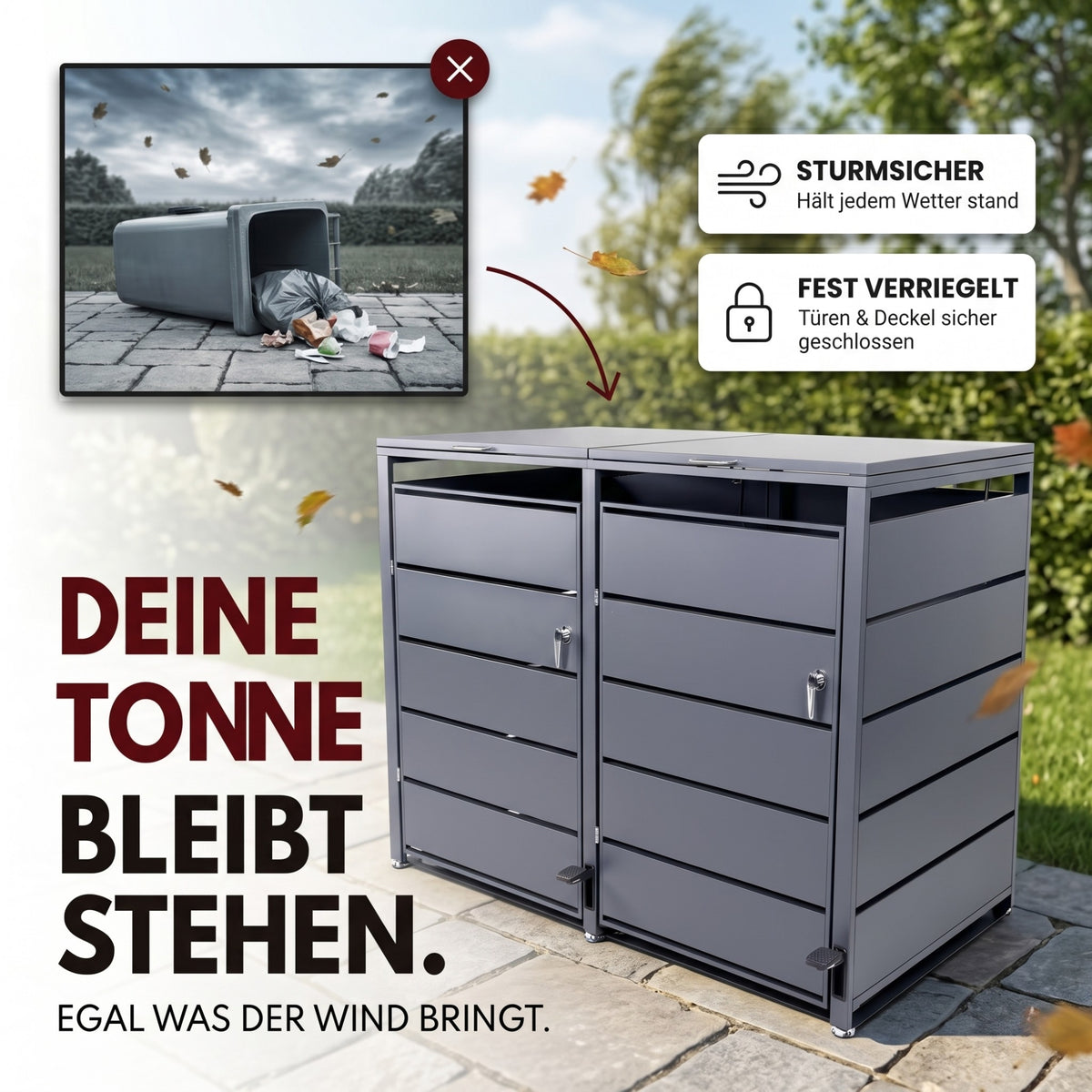 Mülltonnenbox 2er mit Pedal, 120L bis 240L, für Zwei Tonnen, Metallverkleidung aus verzinktem Stahl, Anthrazit Grau RAL7016, abschließbar, wetterfest, ISO9227, mit Aufkleber Set