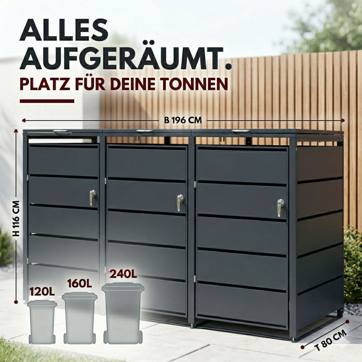 Mülltonnenbox 3er Tonne | bis 240 Liter | Anthrazitgrau RAL 7016 | verzinkter Stahl | Premium Dämpfer| Aufkleber-Set | wetterfest