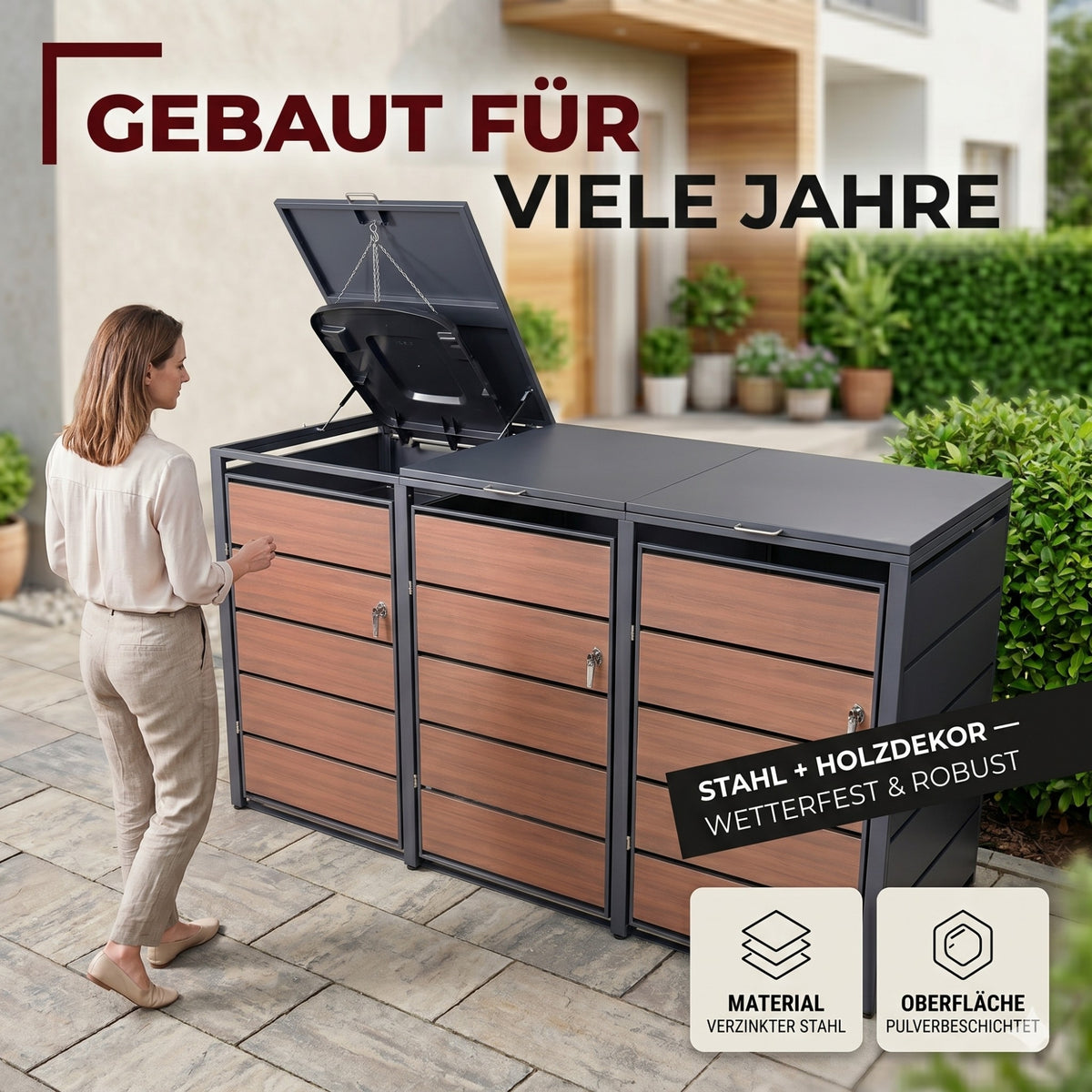 Mülltonnenbox 3er Holzdekor, 120L bis 240L, für Drei Tonnen, Mülltonnenverkleidung aus verzinktem Metall mit Holzdekor-Front, Anthrazit Grau RAL7016, abschließbar, wetterfest, geprüft nach ISO9227, mit Aufkleber Set
