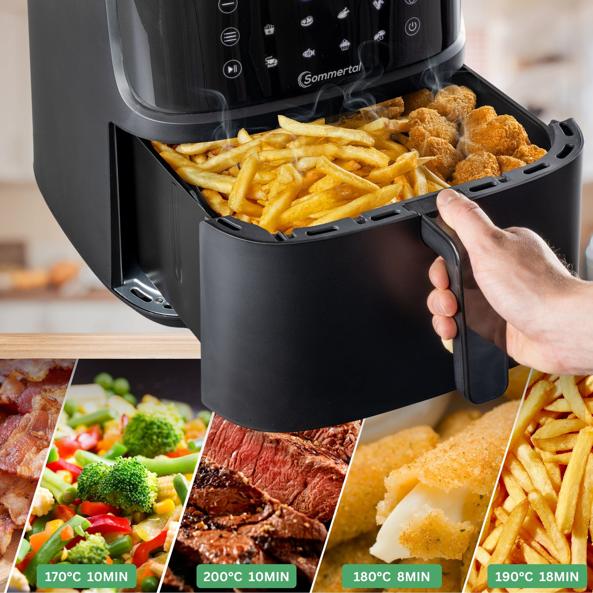 Sommertal Heißluftfritteuse HF760 - 7,6L XXL Airfryer - Touchscreen, 8 Programme, 2000 Watt, TÜV Rheinland GS geprüft