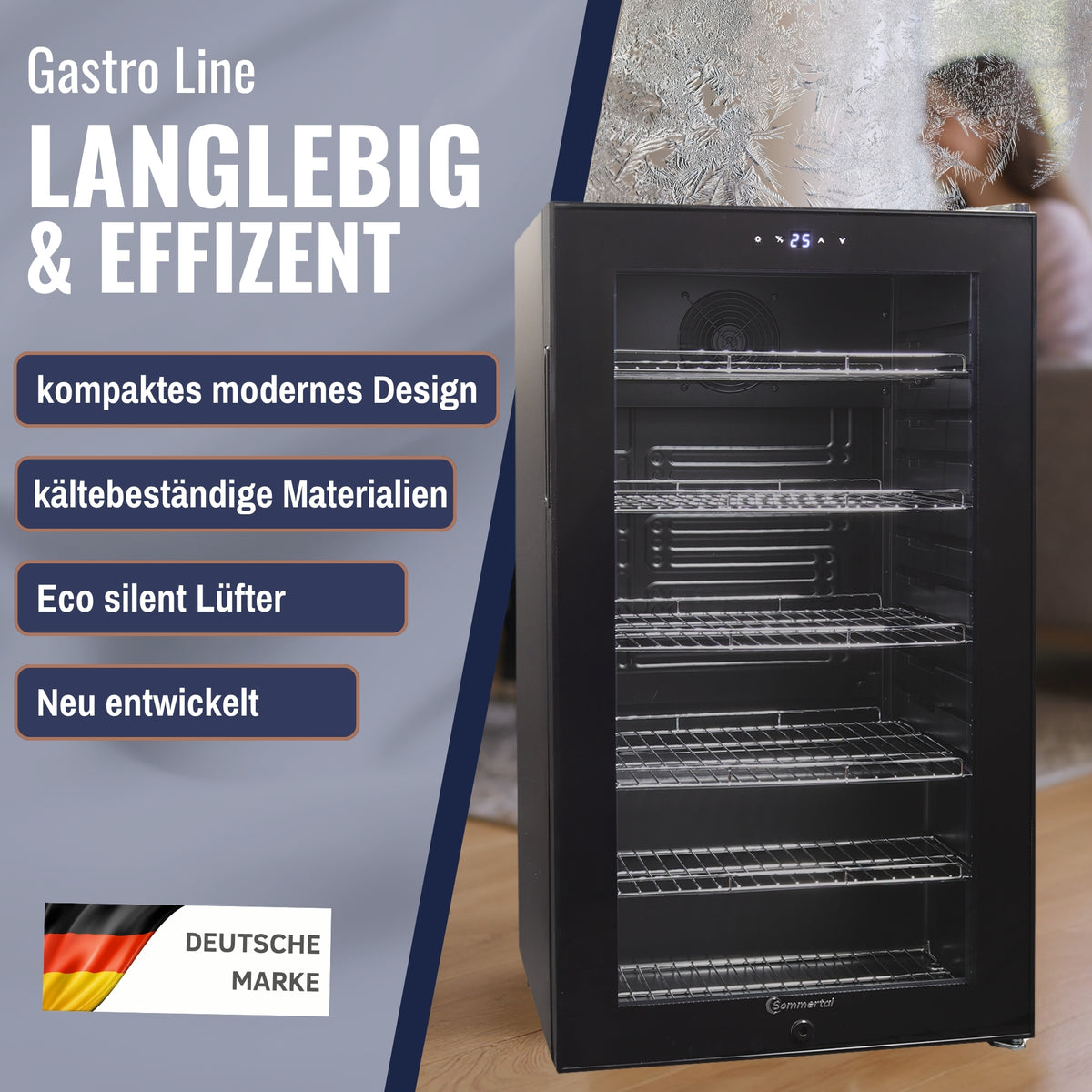 Kühlschrank GK 100– Leiser Getränkekühlschrank mit LED, Touchscreen & Schloss kleiner Flaschenkühlschrank schwarz 100L