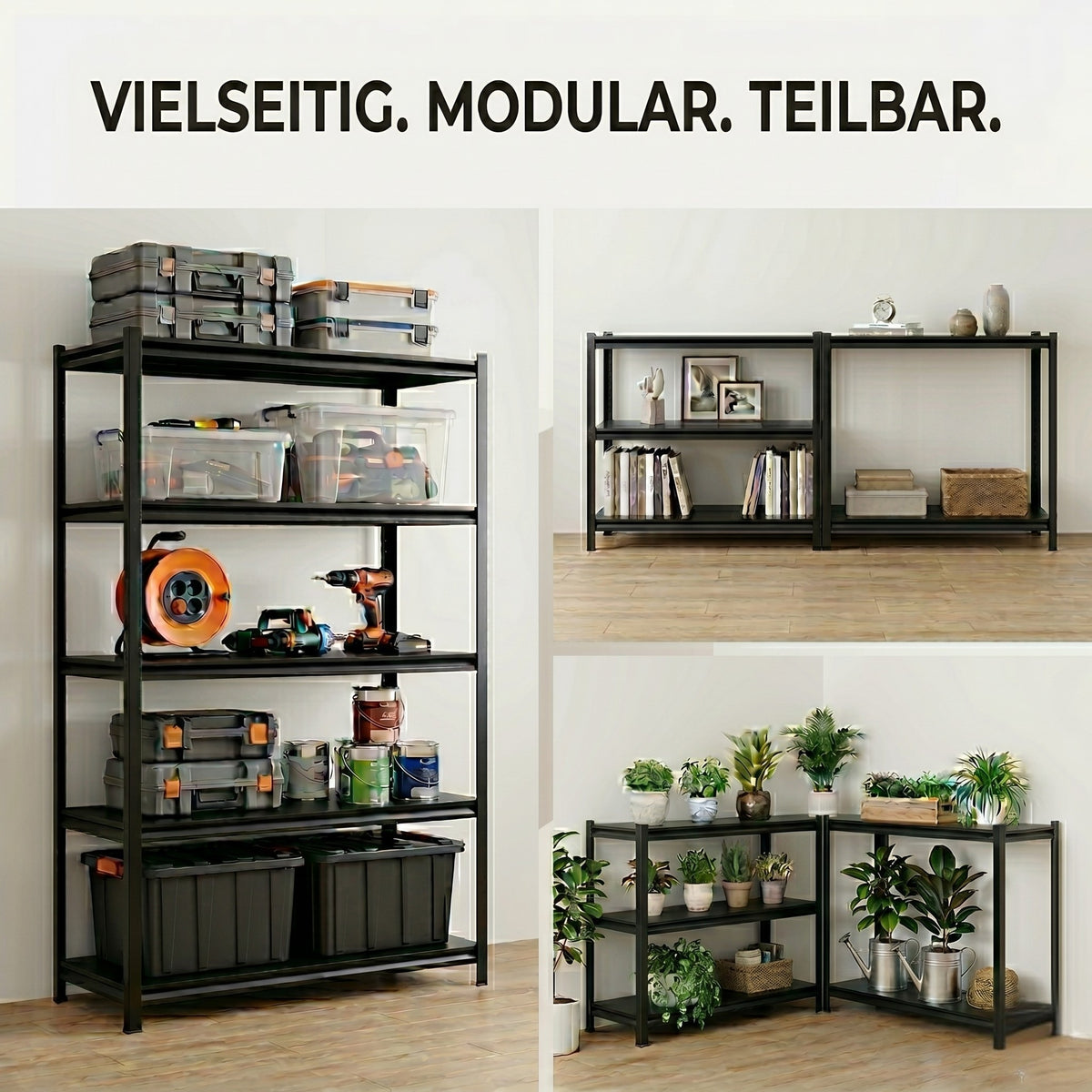 SR2B Premium Schwerlastregal Schwarz – 875 kg belastbar, wasserfest, matte laminierte Böden, 5 verstellbare Ebenen, teilbares Steckregal 180x90x40 cm, Stahlregal inkl. 2 Haken