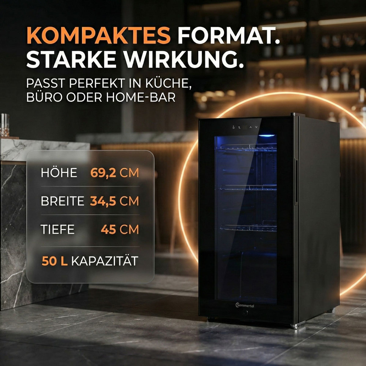 Kühlschrank GK 50– Leiser Getränkekühlschrank Gefrierfach mit LED, Touchscreen schwarz 50L