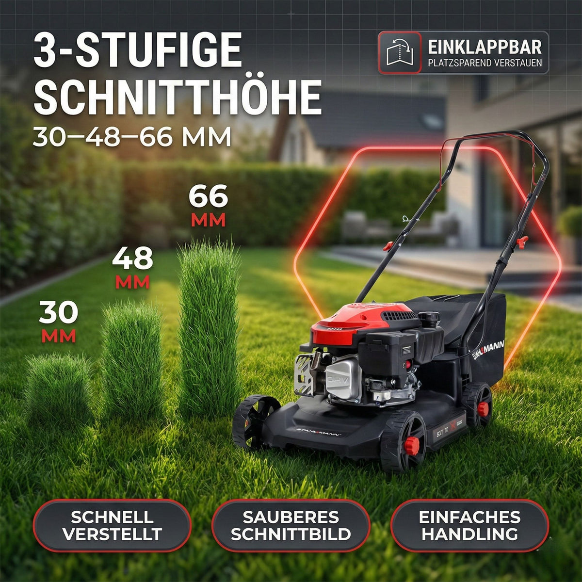 Rasenmäher Benzin BR390 – 4,0PS (2,9kW) 127ccm, 39cm Schnittbreite, Schnitthöhenverstellung, kompakt, 35L Fangkorb