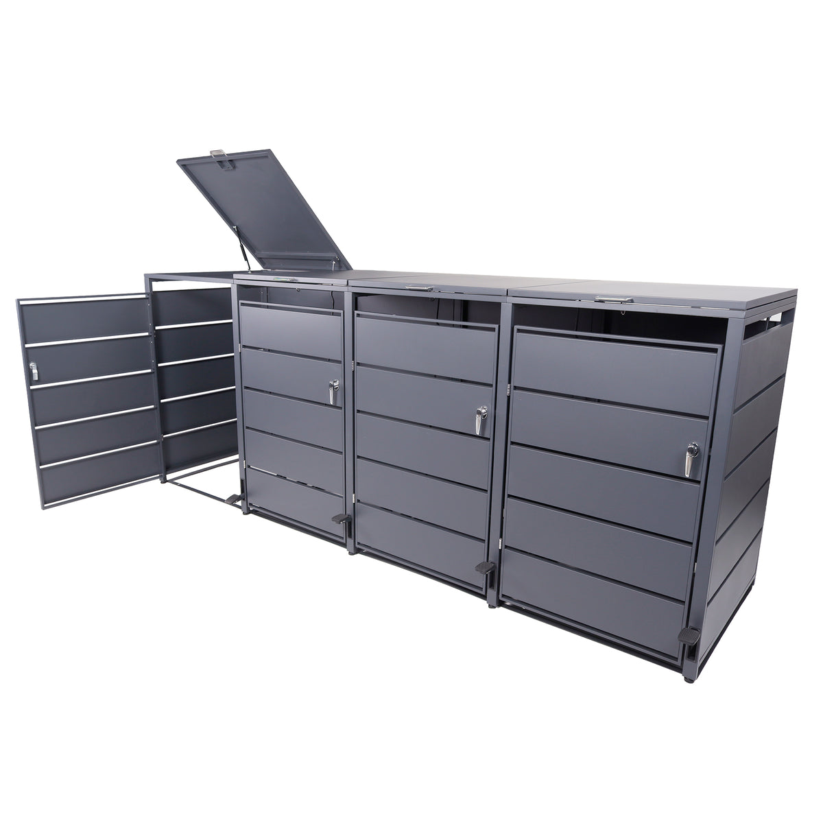 Mülltonnenbox 4er mit Pedal, 120L bis 240L, für Vier Tonnen, Metallverkleidung aus verzinktem Stahl, Anthrazit Grau RAL7016, abschließbar, wetterfest, ISO9227, mit Aufkleber Set