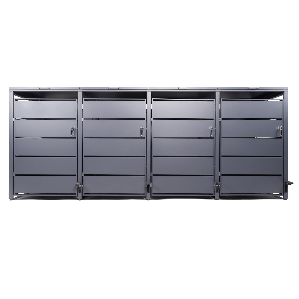 Mülltonnenbox 4er mit Pedal, 120L bis 240L, für Vier Tonnen, Metallverkleidung aus verzinktem Stahl, Anthrazit Grau RAL7016, abschließbar, wetterfest, ISO9227, mit Aufkleber Set