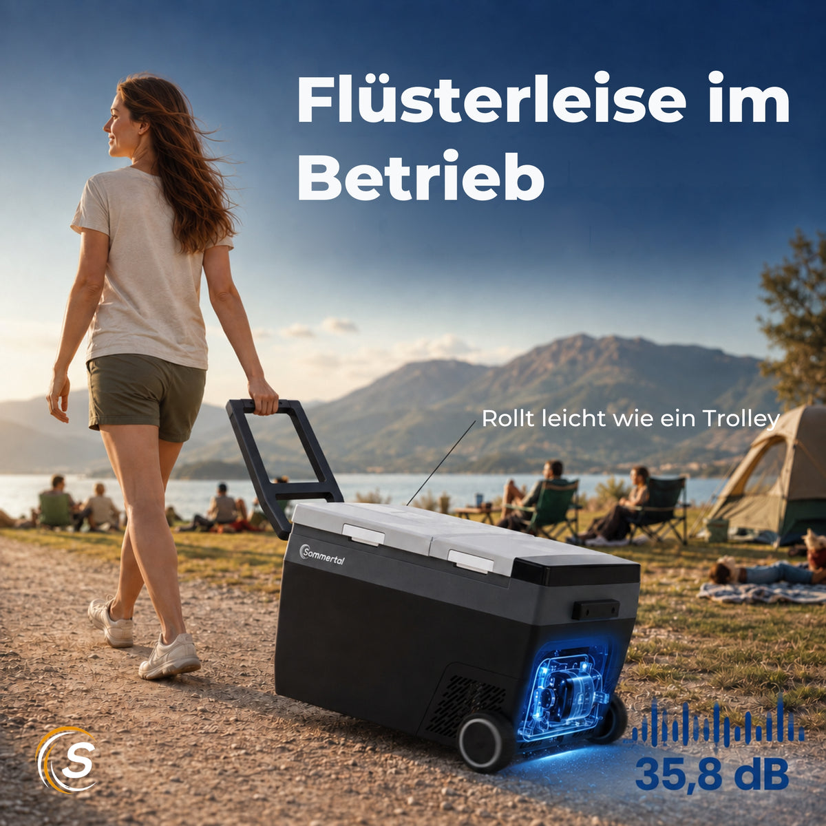 Kompressor-Kühlbox mit Eiswürfelmaschine C32E, −20 bis +20 °C, 12/24V & 230V, App-Steuerung und Trolleyfunktion.