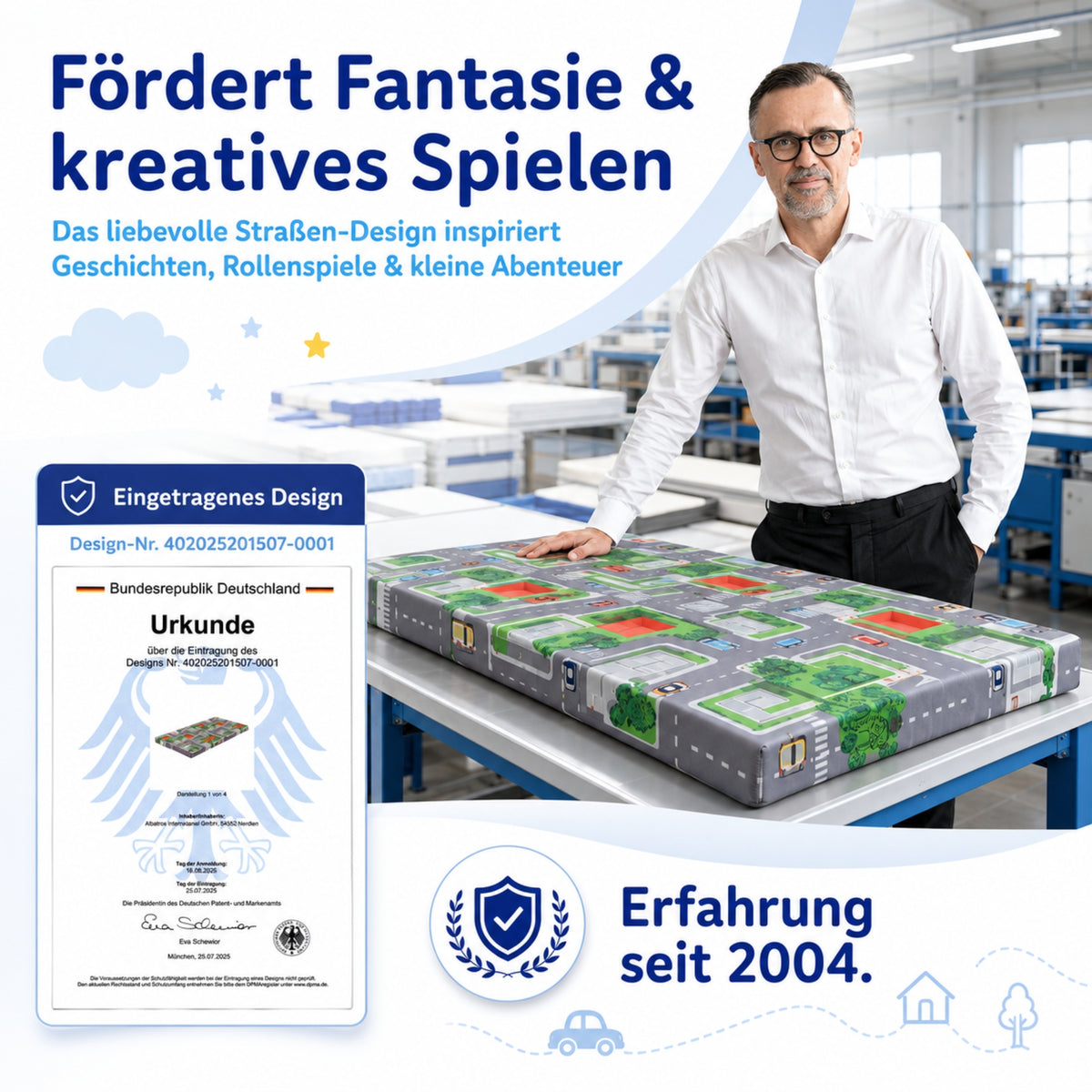 Arensberger Kinderreisebett Matratze 60x120 cm – faltbare Baby- & Kindermatratze mit Stadtmotiv, Nanocell Gelschaum, abnehmbarer Bezug & Tragetasche