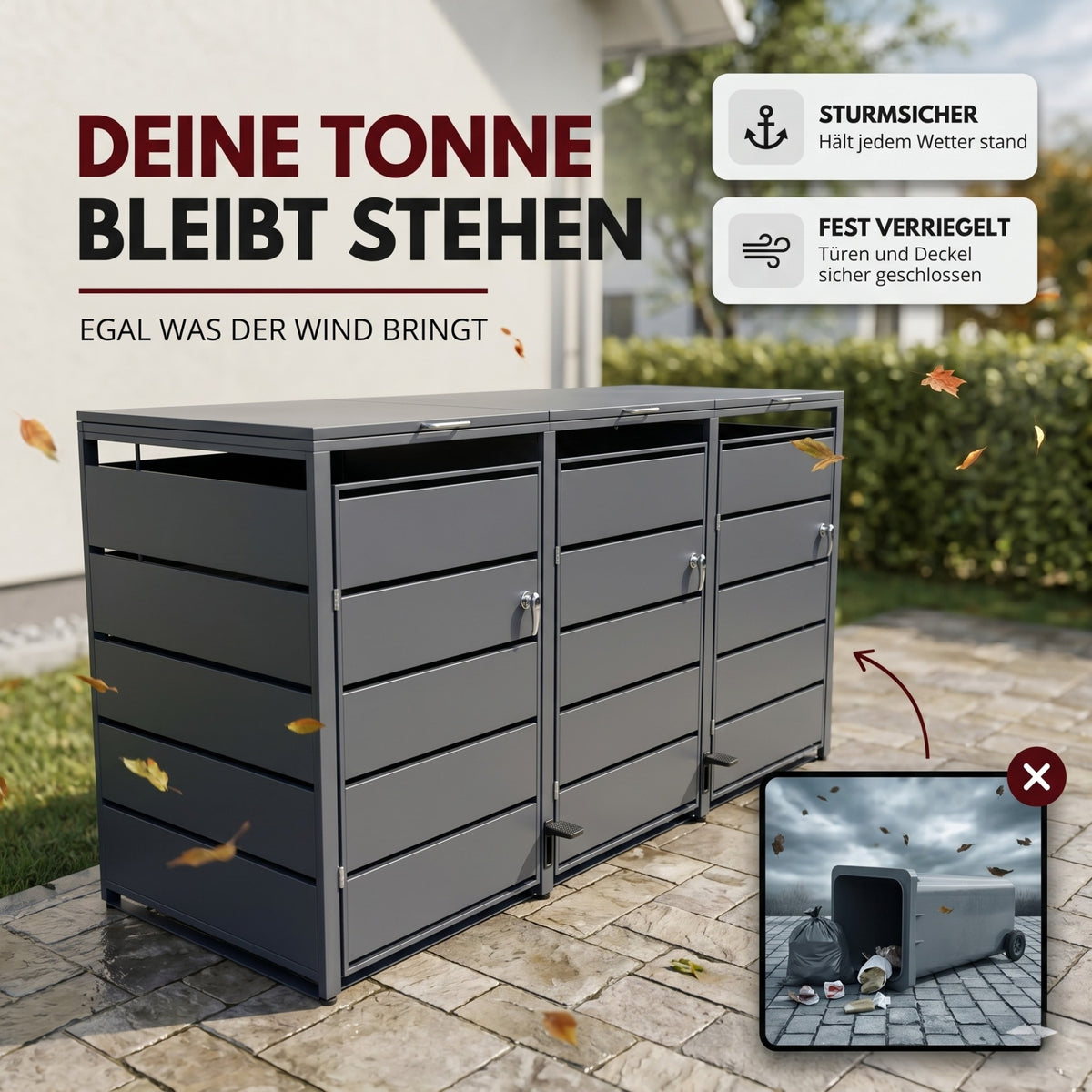 Mülltonnenbox 3er mit Pedal, 120L bis 240L, für Drei Tonnen, Metallverkleidung aus verzinktem Stahl, Anthrazit Grau RAL7016, abschließbar, wetterfest, ISO9227, mit Aufkleber Set