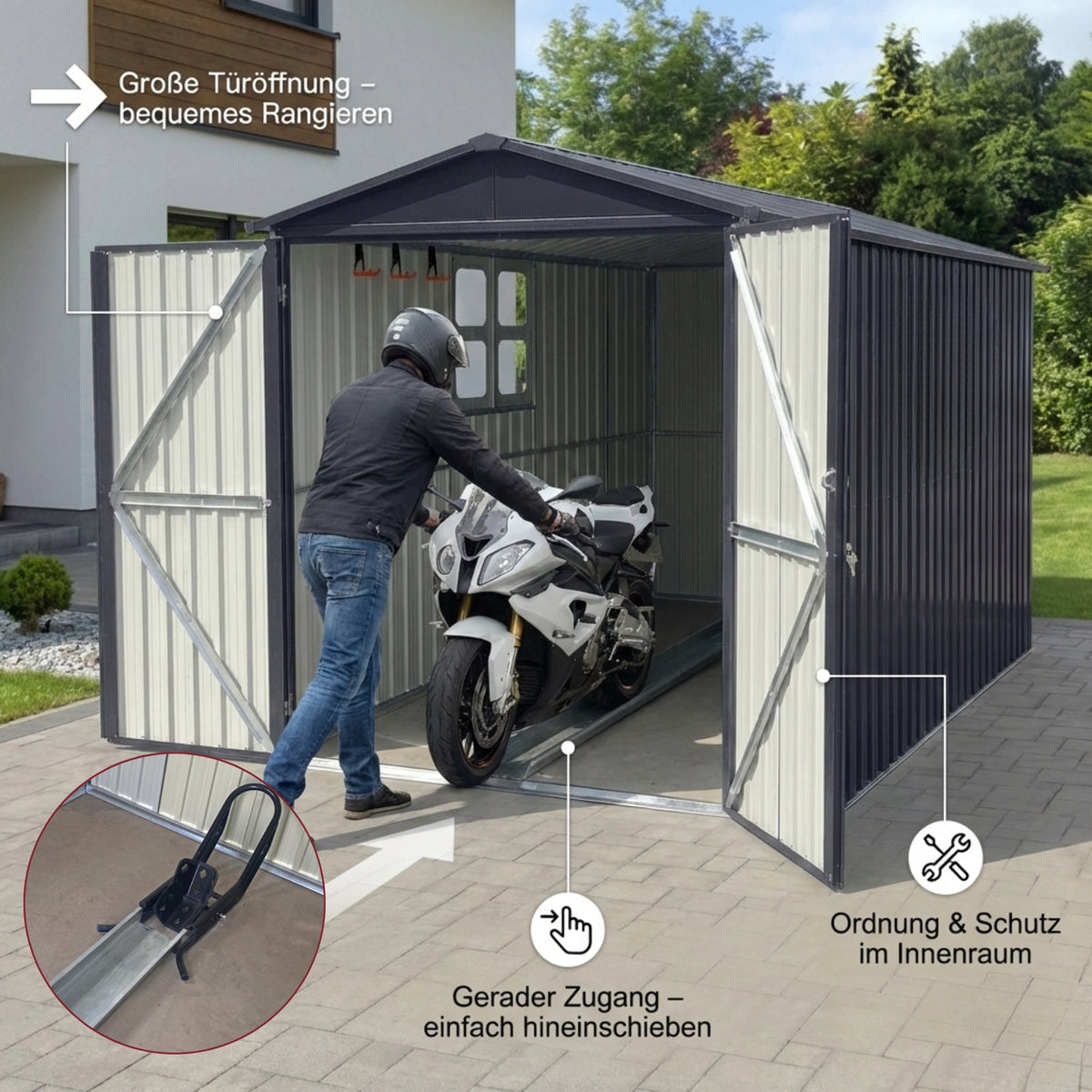 Albatros Premium Motorradgarage – verzinktes Metall in Anthrazit (RAL 7016) | 169x308x191cm