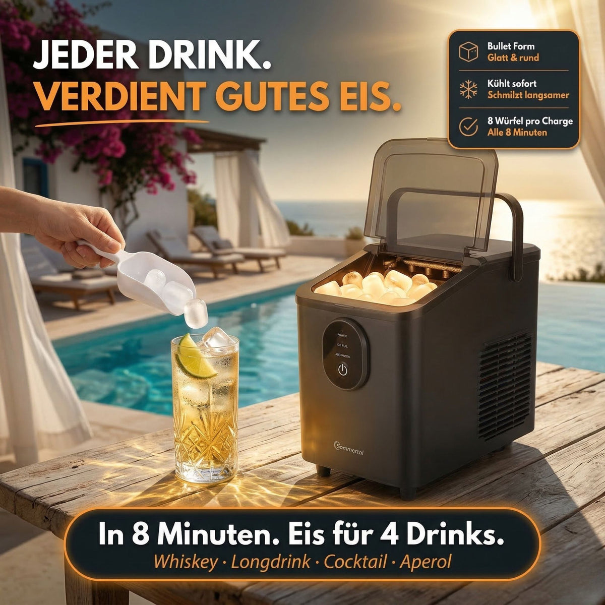 EM12S Eiswürfelmaschine | Eismaschine 12kg/24h | Eiswürfelbereiter mit Griff | extra große 0,3kg Bullet Eiswürfel in 20 Min | leise 50db | Ice Maker für Küche, Büro & Party