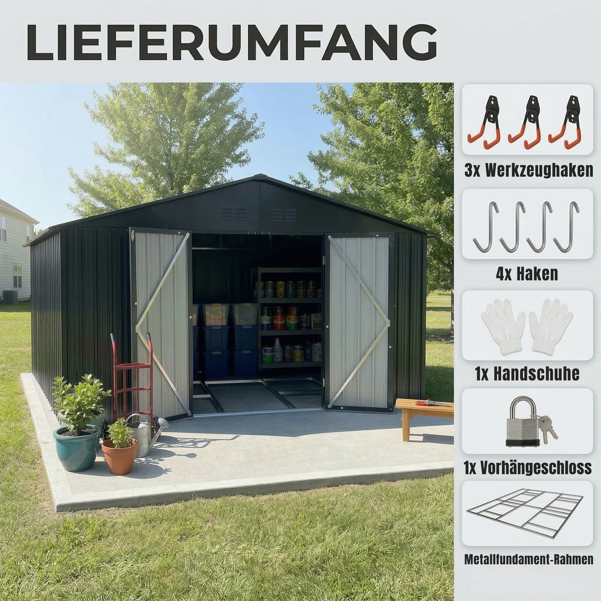Albatros Gerätehaus 5XL | Anthrazit RAL 7016 | 339,6x375,3x199,6cm | abschließbar inkl. Schloss & Haken | Gartenhaus aus verzinktem wetterfestem Metall | Geräteschuppen für Garten & Geräte