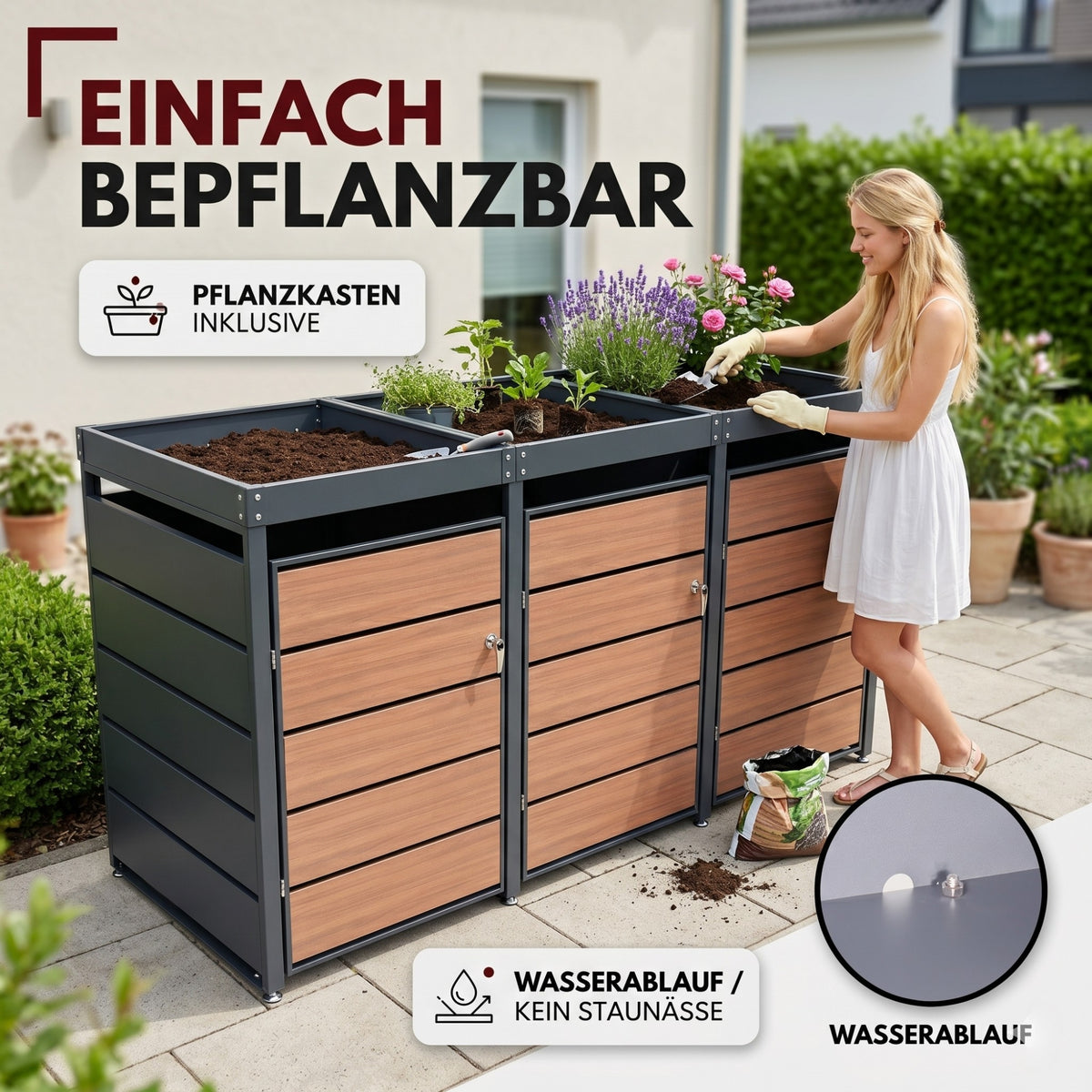 Mülltonnenbox 3er Holzdekor mit Pflanzkasten, 120L bis 240L, für Drei Tonnen, Metall, Anthrazit RAL7016, abschließbar, wetterfest, ISO9227, mit Aufkleber Set